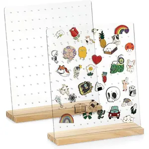 Pack of 2 Clear Acrylic Enamel Pin Display Stand with Wooden Base. Tabletop Pin Organizer Display Storage Stand. Hold Up To 132 PinsGift.