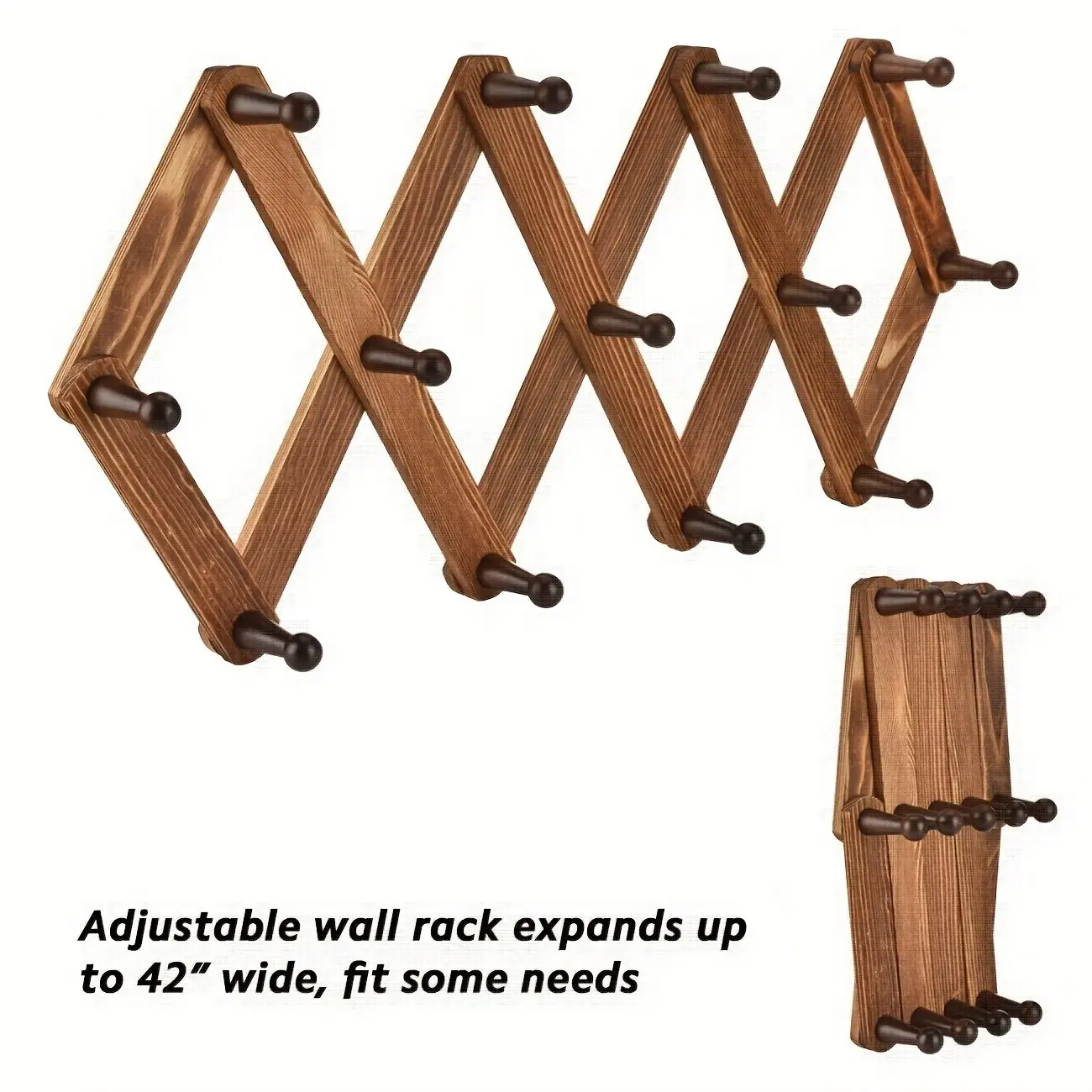 Vintage Wood Expandable Hat Rack for Wall- Multi-Purpose Accordion Wall Hangers with 13 Hooks for Baseball Caps Hat Organizer, Coat, Mugs, Scarf, Jewelry Storage, Hat Display