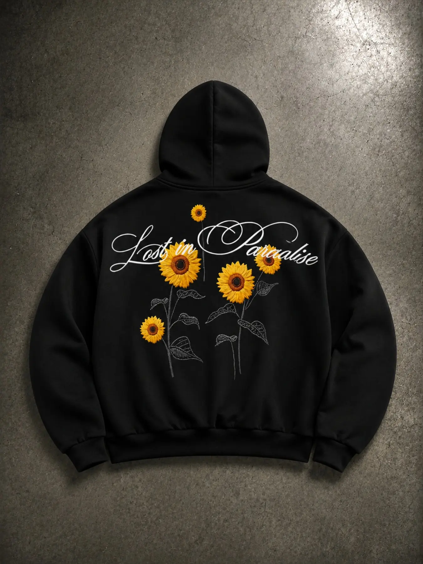 Unisex Oversized Cropped Hoodie Sunflower Embroidery Back Graphic Hooded Sweatshirt Lost in Paradise Script Letter Print Boxy Drop Shoulder Soft Fleece Vintage Aesthetic Streetwear Pullover Hoodie For Daily OOTD Back To School Casual Outfit
