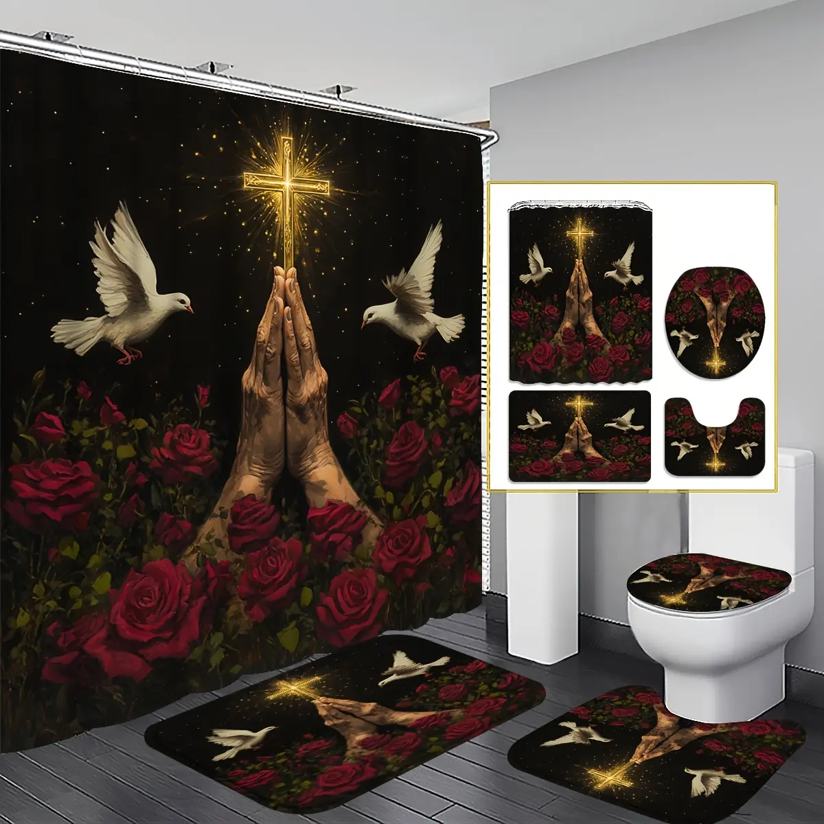 4-piece set, devout prayer shower curtain set, red rose spiritual bathroom decoration, including bath mat, U-shaped mat, toilet cover cover, 12 hooks, shower curtain, spiritual theme, home decoration, bathroom accessories