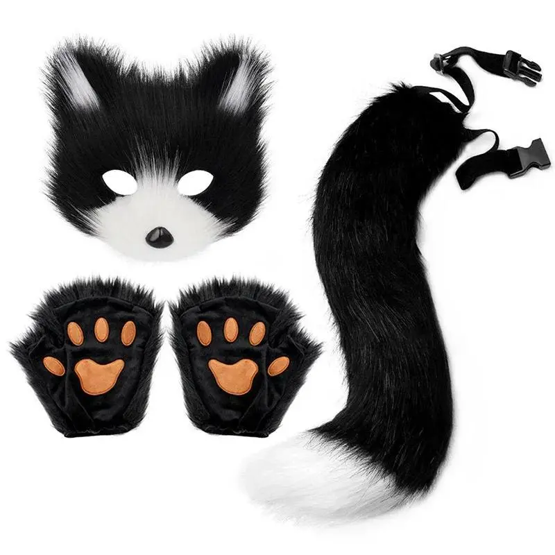 3pcs Hot Sale Fluffy Fur Fox Tail Cat Paws Gloves Wolf Mask Set Halloween Cosplay Costume Accessories Theme Party Dress Up Props