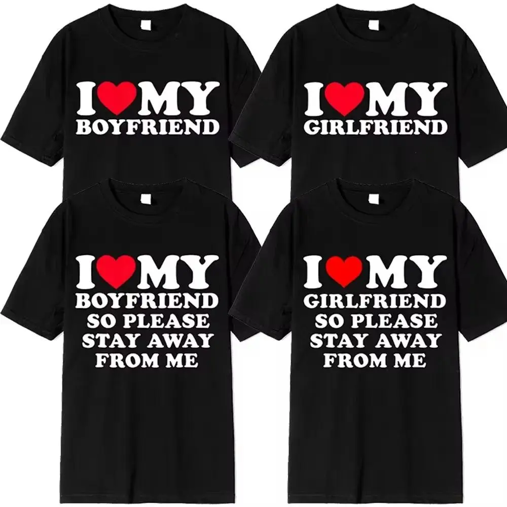 Casual Couples Tshirt with 'I Love My Boyfriend/Girlfriend' Graphic Print, Soft Short Sleeve Round Neck Summer Shirt, Shortsleeve, Top, Streetwear, Love Your Partner