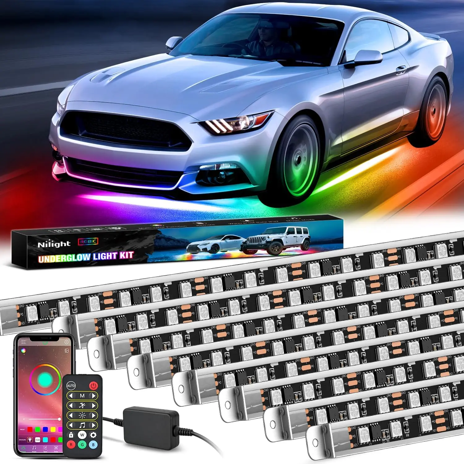 Nilight 8Pcs Aluminum Underglow Neon Accent Strip Lights - 396 LEDs Dream Color, Door Assist, Multi-Modes, Sound Active, APP & Remote Control, Flexible - Neon Glow, Car Glow Up, Car Lighting, Underbody Lighting Kit for Truck RV, Silicone, Includes Clips