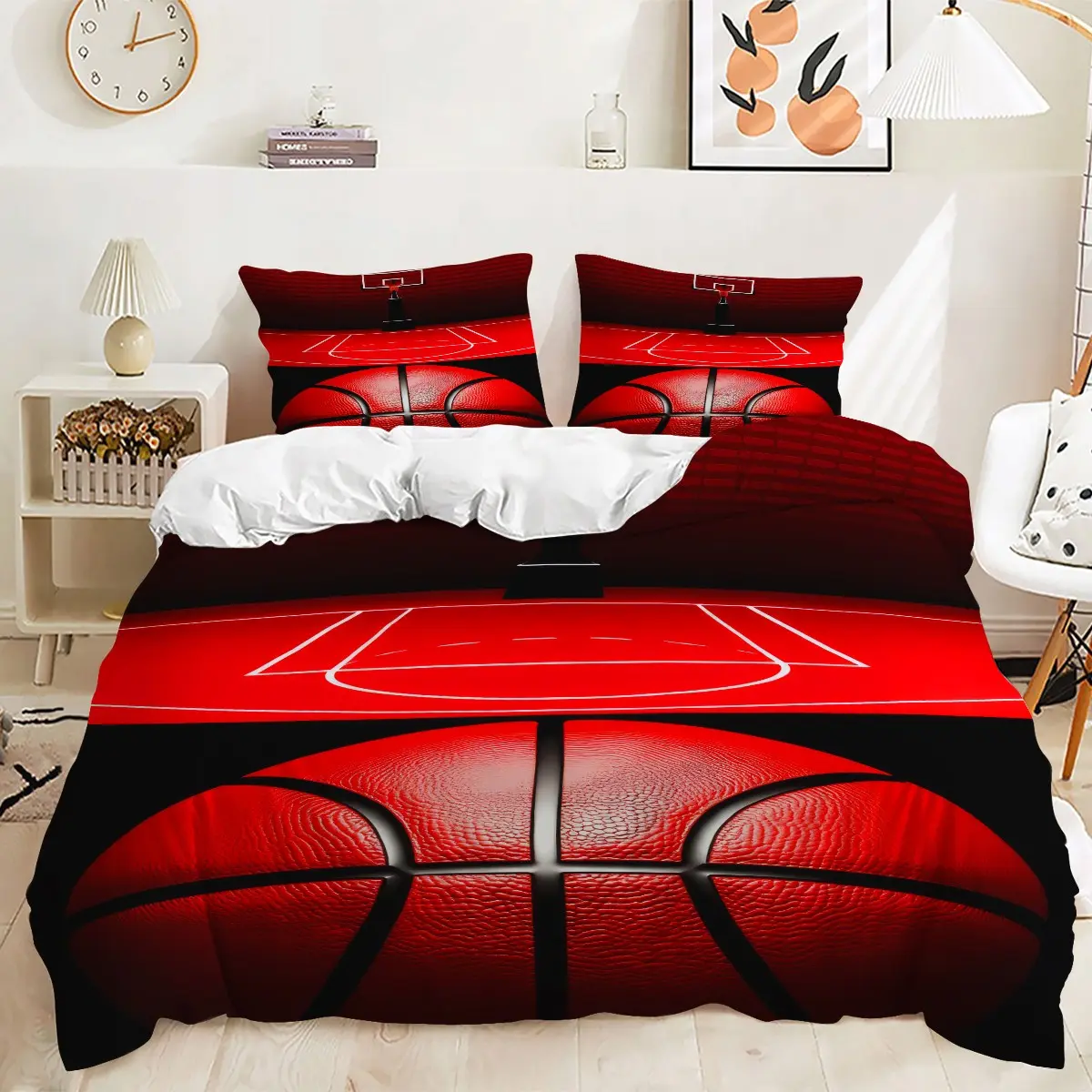 2/3pcs Red Black Basketball Court Brick Wall Duvet Cover Set, No Filling – Bedding Set, Ideal for Basketball Fan Bedroom, Teen Boy Room, Sports Dorm, Masculine Sport Guest Room All‑Season Use