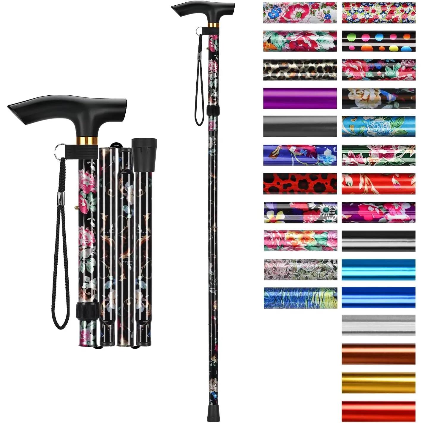 supregear Folding Cane, 5-Level Adjustable Height Walking Stick Lightweight Collapsible Portable Travel Cane with Wrist Strap and T Handle for Elderly Disabled Men Women