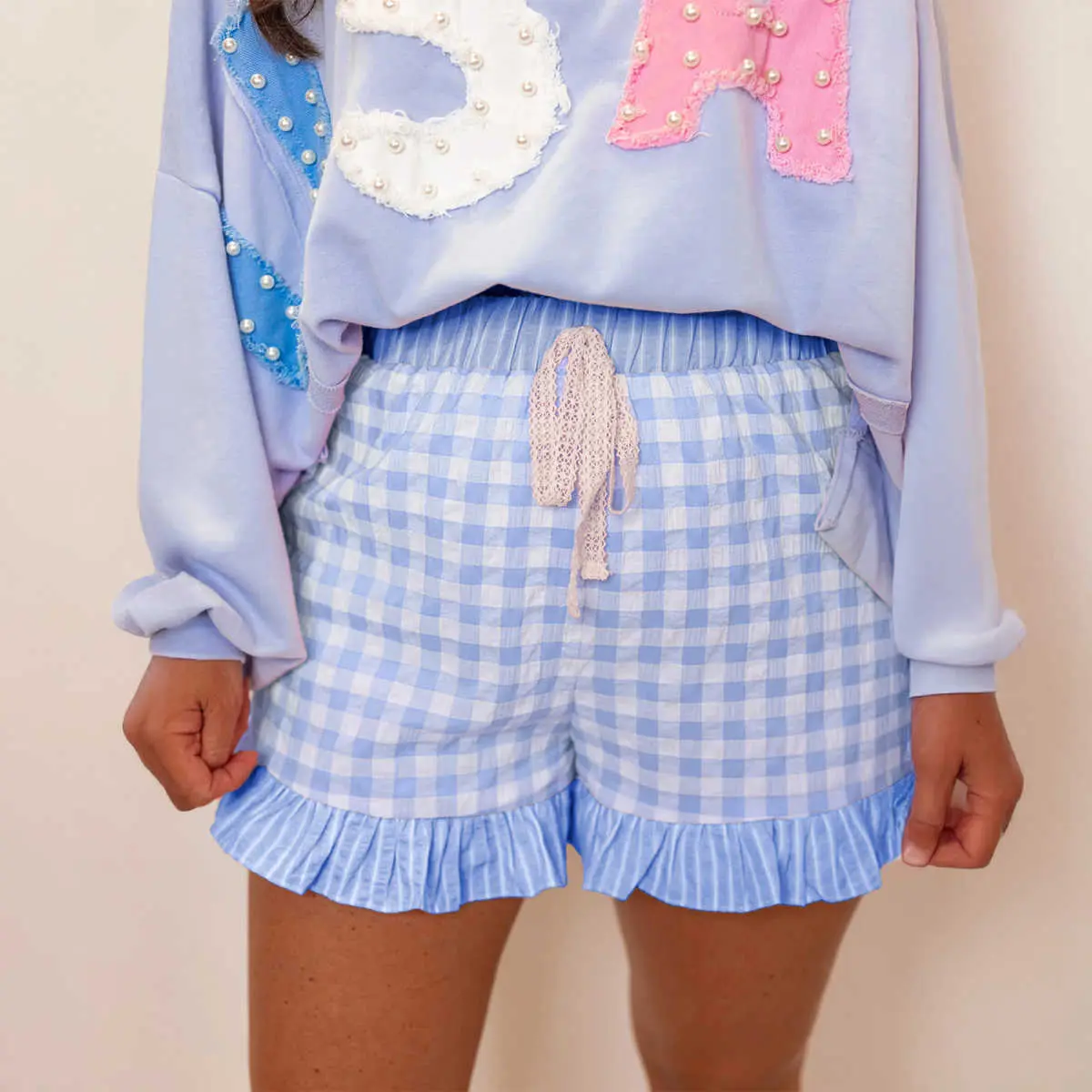 Sky Blue Gingham Print Ruffle Striped Detail Lace Tie Shorts Adjustable Bottoms