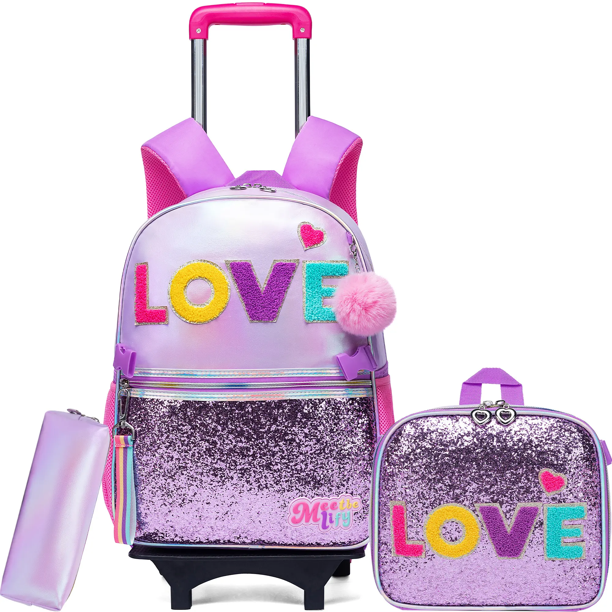 Purple LOVE Chenille Patch Rolling Backpack 3pcs Set for Girls | Lavender Holographic Glitter Wheeled School Bag with Lunch Box & Pencil Case | Preppy Glam Trolley Bookbag 2026