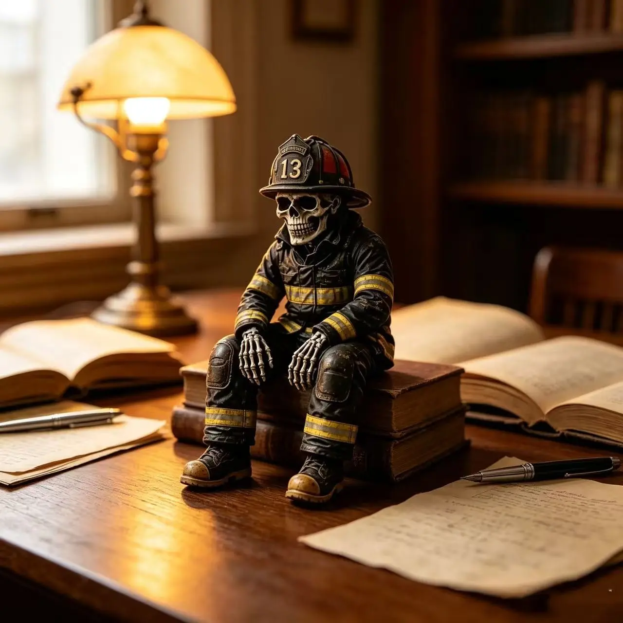 Vintage Dark Style Skeleton Fireman Resin Ornament, Small Skull Firefighter Figurine, Halloween Gothic Home Decor, Tabletop & Bookcase Display
