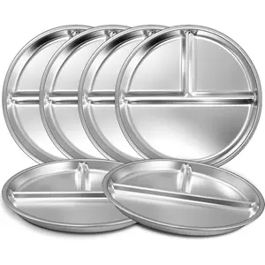 Stainless Steel Toddler Plate Set of 6, 9" Portion Control Plates Divided Plate  Adults Kids Balance Lunch, Non Slip |   Unbreakable Toddler Baby Feeding Set Dishwasher Safe New model