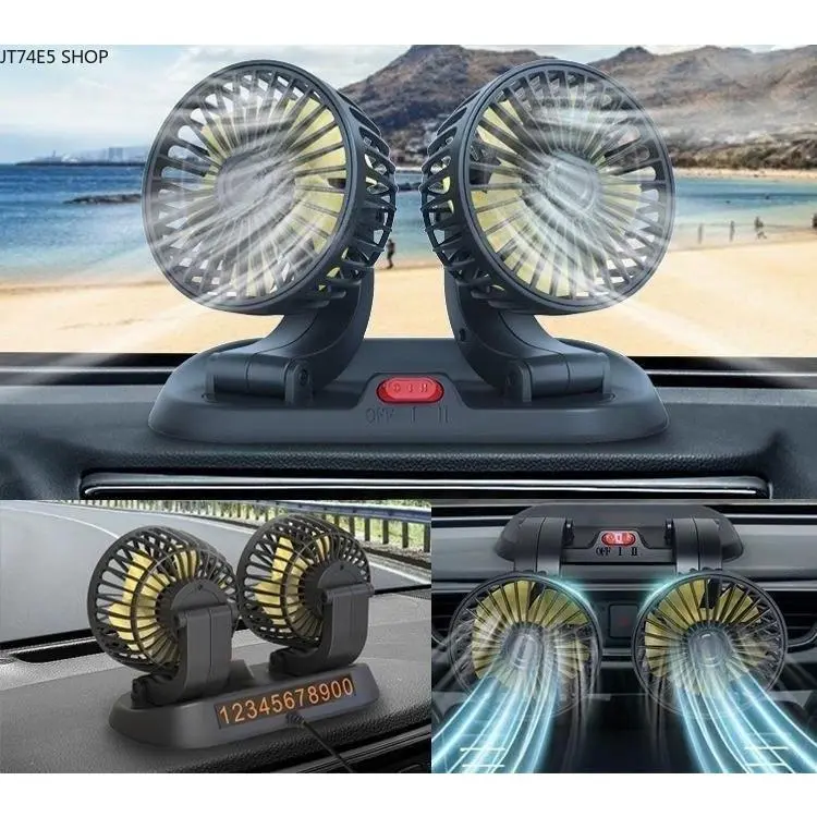 12V 24V Universal Dual Head Car Fan, Powerful Wind USB Electric Cooling Fan for Large Trucks & Sedans