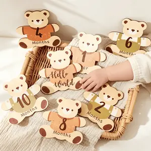 7-piece set of wooden bear baby milestone cards - double-sided printing, newborn monthly growth photo props, baby month record commemorative wooden plaque, baby gift items