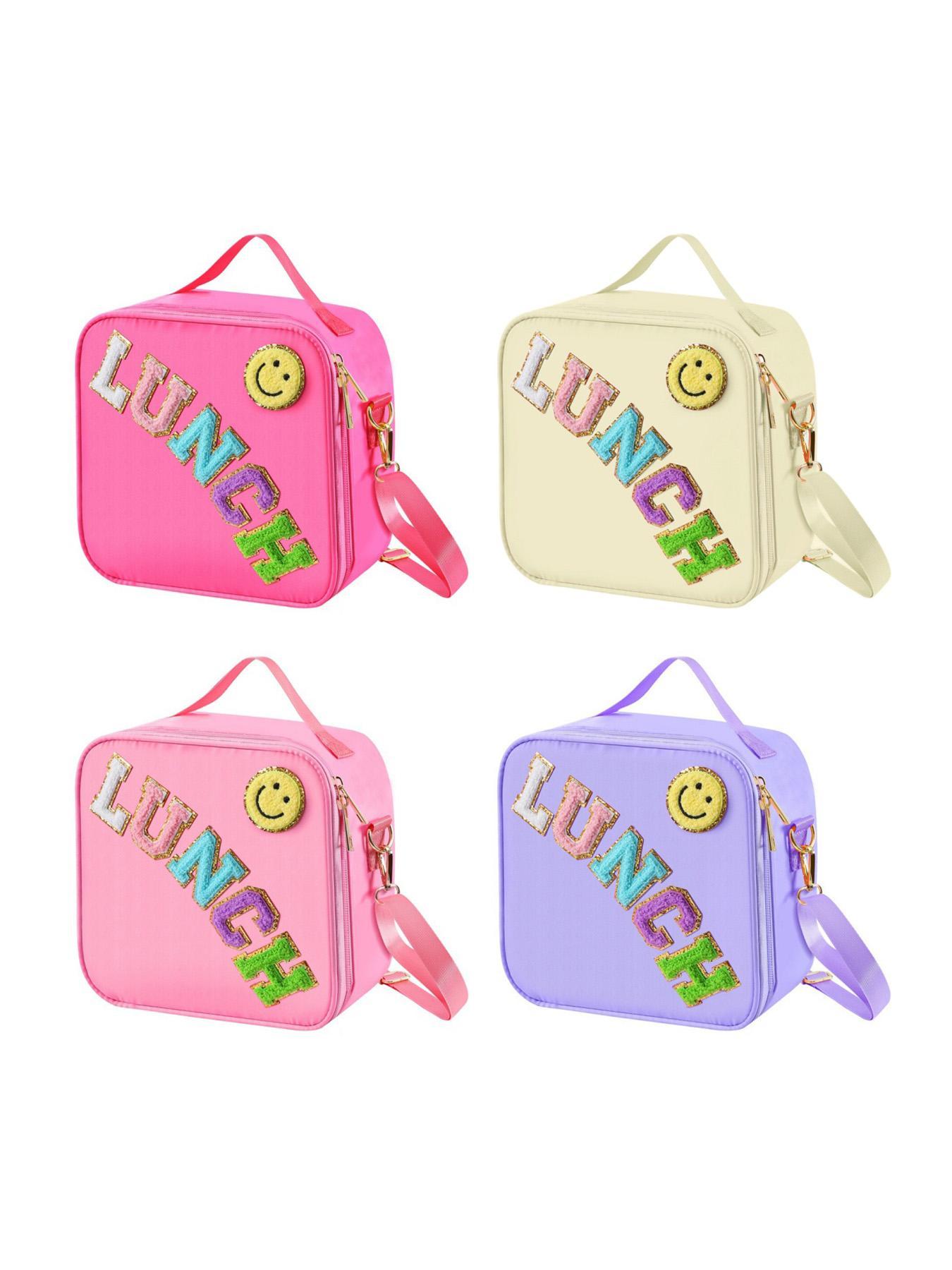 Letter Decor Lunch Bag, Cute Insulated Lunch Bag with Adjustable Shoulder Strap, Nylon Lunch Bag for School Travel Picnic