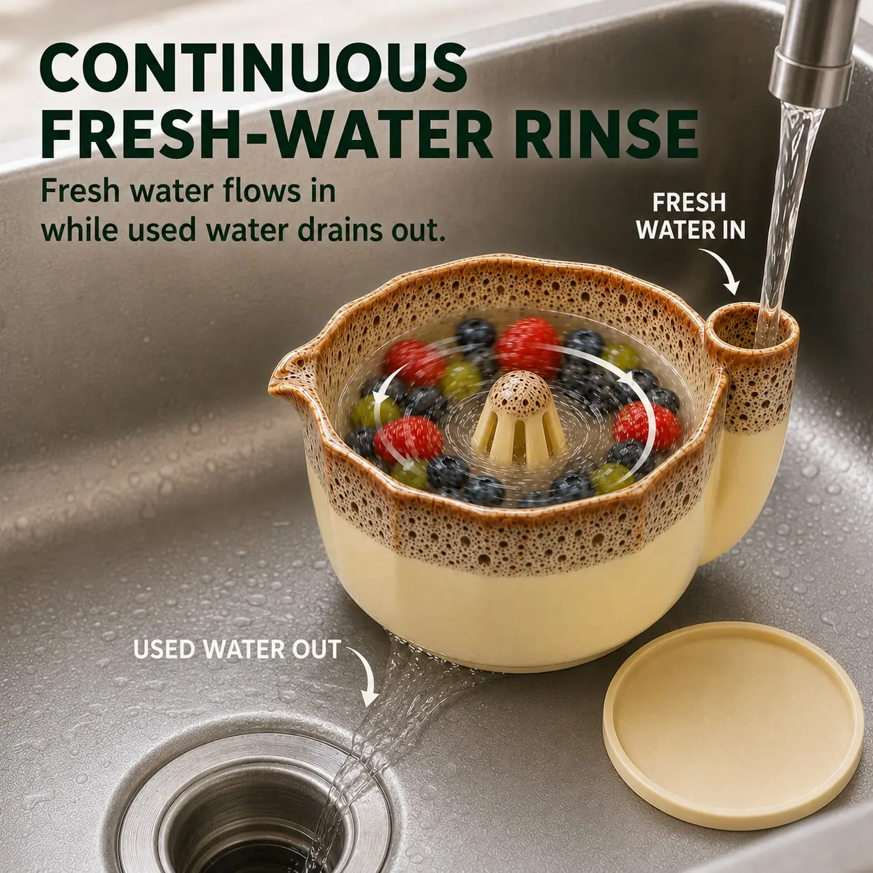 Ceramic Berry Washing Bowl, Water-Driven Auto Rotating Fruit Washer, Strawless Design, Ideal for Berries & Small Fruits, Japanese Style Gift