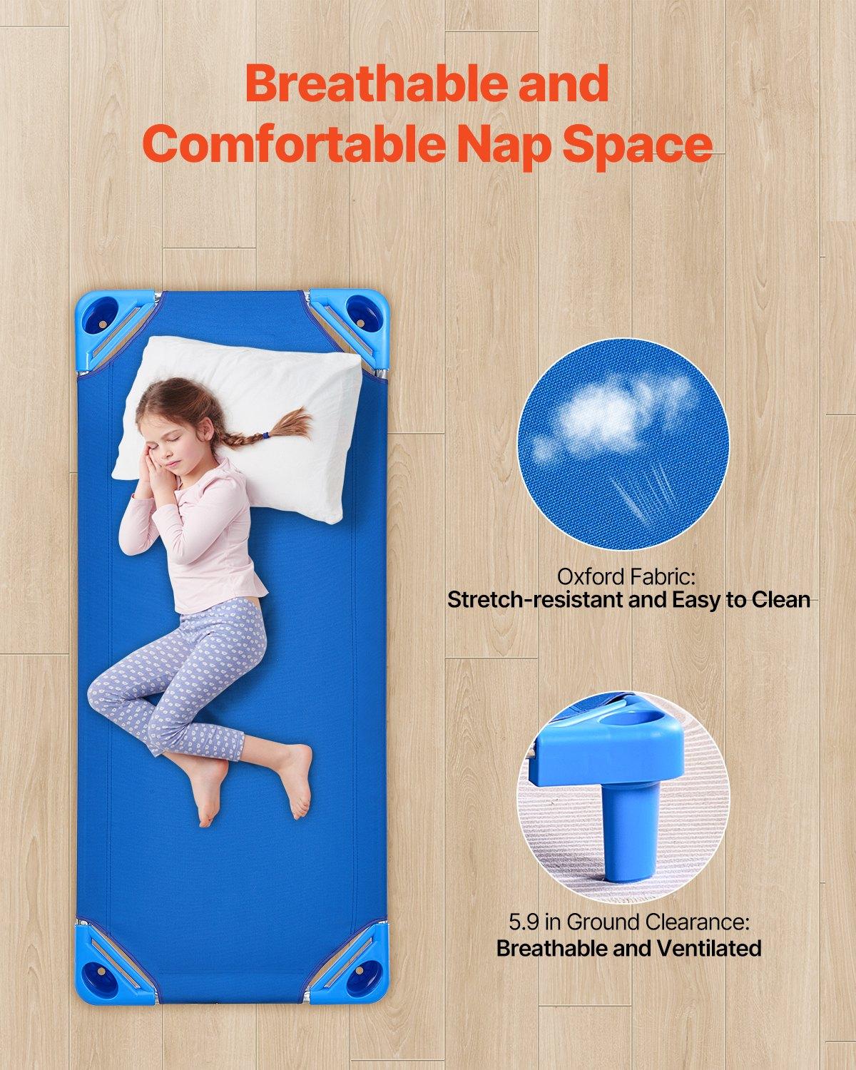 VEVOR Stackable Kiddie Cot, Pack of 6, Portable Toddler Nap Cots, Standard Size 52" L x 23" W Daycare Cots for Kids, Preschool Classroom Daycare Beds for Sleeping, Resting, Naptime, Blue VEVOR Stackable Kiddie Cot, Pack of 6, Portable Toddler Nap Cots, Standard Size 52" L x 23" W Daycare Cots for Kids, Preschool Classroom Daycare Beds for Sleeping, Resting, Naptime, Blue