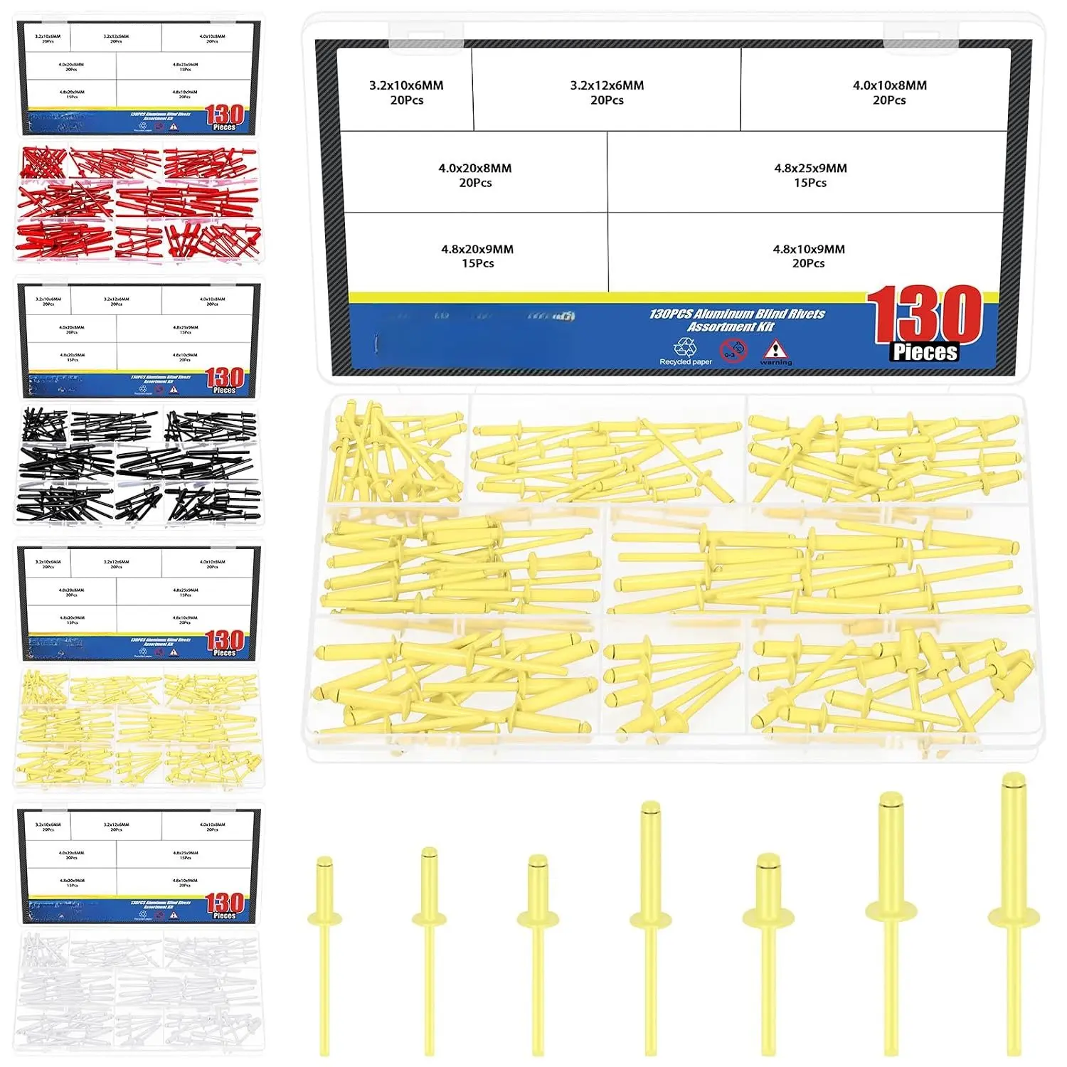 130-Count 7-Size Yellow Alloy Blind Rivets with Steel Mandrel & Mandrel Handle, Large Flange Pop Rivet Kit for Metal, Furniture