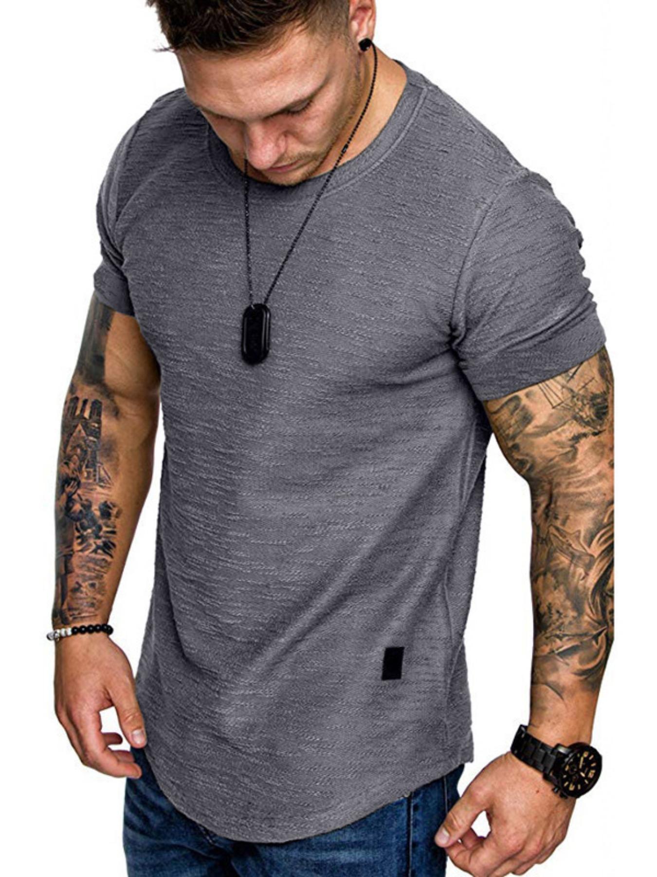 Men's Regular Fit Patched Round Neck Basic Stretch Jersey Tee, Casual Short Sleeve Fitted T-shirt for Summer, Menswear for Daily Wear