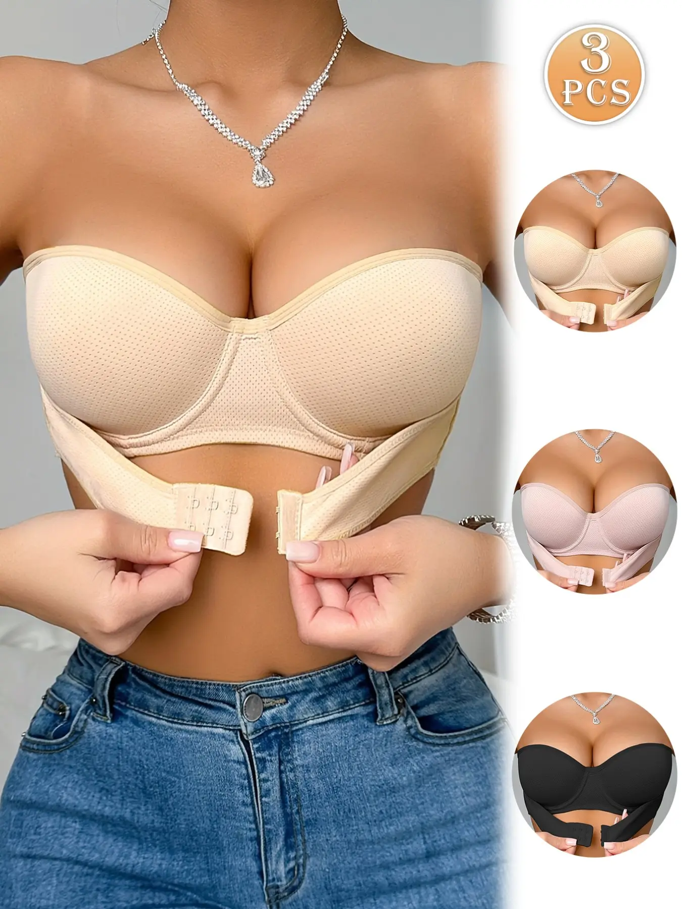 Women's Strapless Half Cup Bra, Front Closure Underwire Bandeau Bra, Breathable Mesh Fabric, Anti-Slip Support, Removable Adjustable Clear Straps, Elegant Everyday Comfortable Lingerie, Breathable Comfy Bra