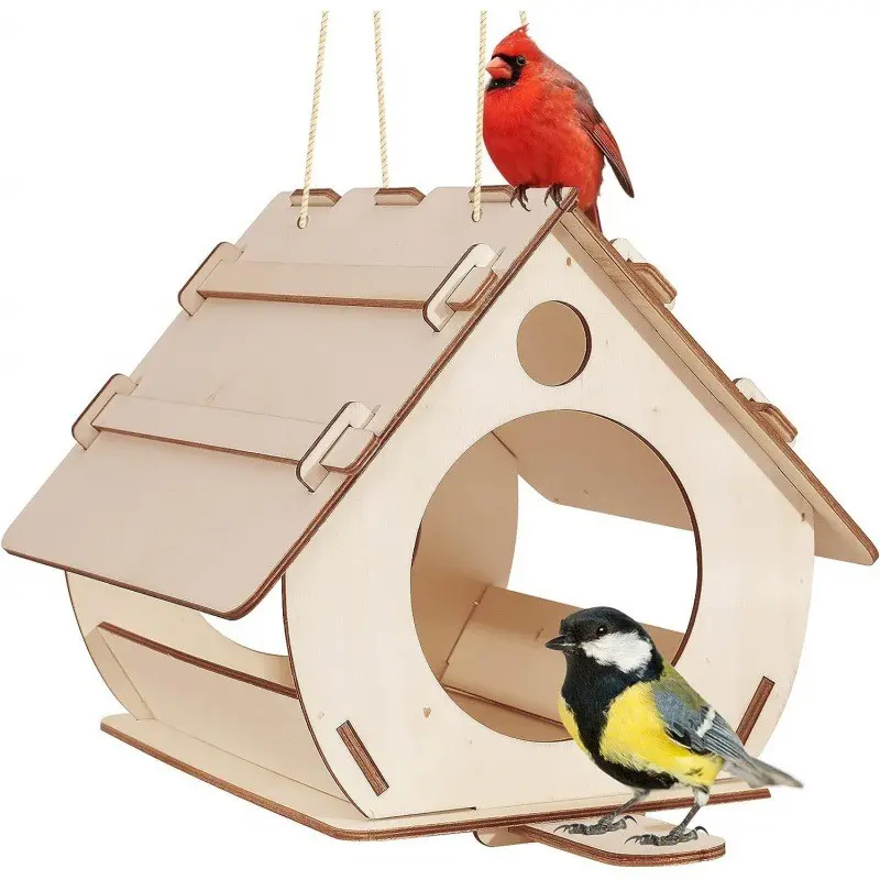 Outdoor Hanging Wooden Bird Feeder, DIY Assembly Open Design, Rainproof Garden Tree Bird House, Suitable for Goldfinches, Sparrows, Chickadees, Bird Supplies