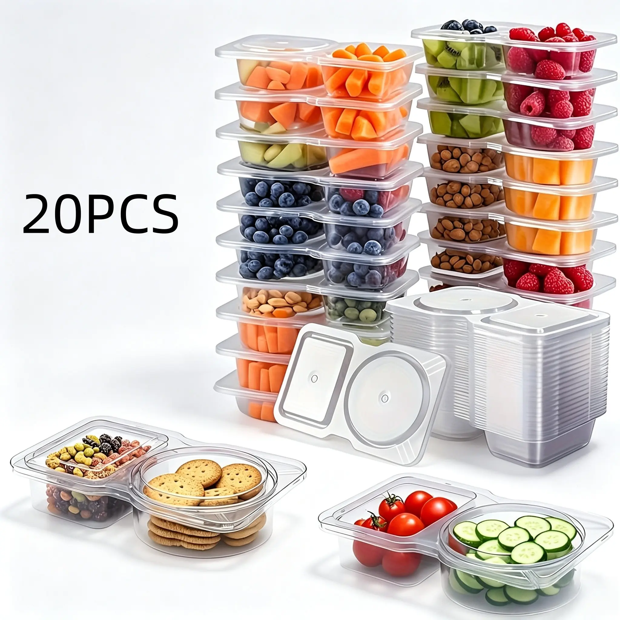 Reusable Snack Containers with Lids, Clear, Sealed Dual Compartment, 2 Grid Seasoning Container, Condiment Container, Dip Sauce, Salad Dressing, Travel and Meal Prep, Portion Control, Stackable Containers, Plastic Containers, Lidded Storage Container