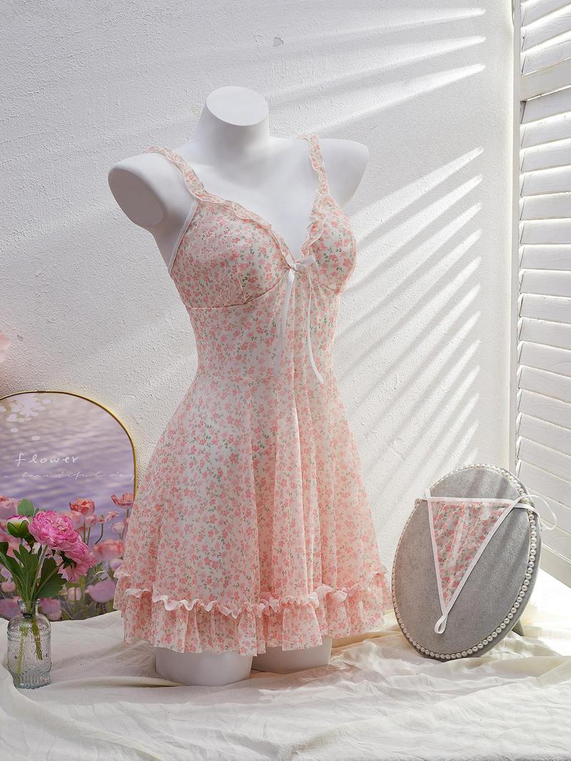 Women's Ditsy Floral Print Bow Decor Frill Trim Mesh V Neck Cami Nightdress & Thong Sexy Sleepwear Two-Piece Set, Romantic Fashion Adjustable Strap Tie Back Backless Ruffle Hem Nightgown & Panty, Women's Sleepwear for All Seasons