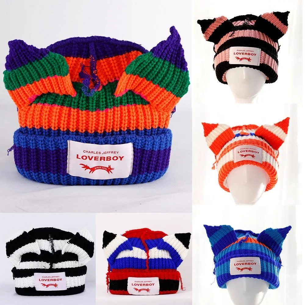 Loverboy Cat Ear Knit Hat Double-layer Warm Pig Ear Woolen Hat Cute Fashion Hooded Cap Niche Design Hip-hop Personality Cold Hat