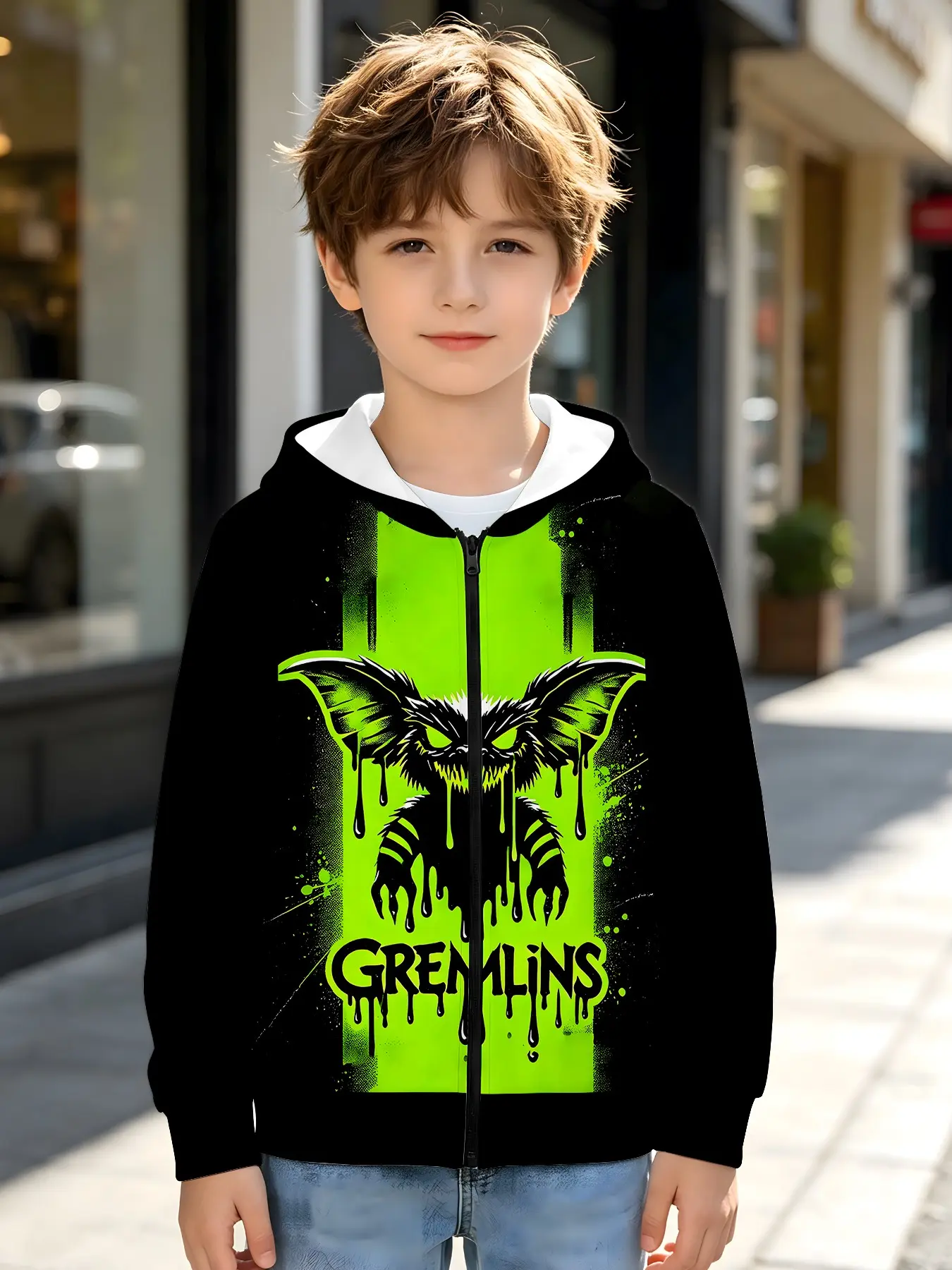 Gremlins Hooded Jacket, All over Print, Zipper Outerwear, Casual Style, Perfect for Outdoor, Christmas & Birthday Gift