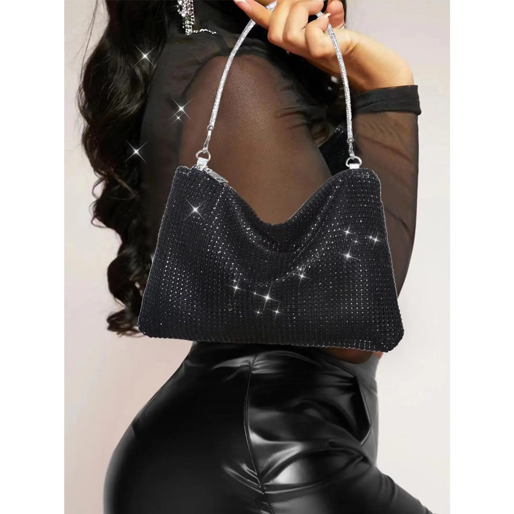 Lightweight, Business Casual Rhinestone Decor Bucket Bag Mini Drawstring Design, Clear Bag Faux Pearl Bag Evening Bag, Dinner Bag Glamorous, Elegant, Exquisite, Quiet Luxury Rhinestone For Party Girl