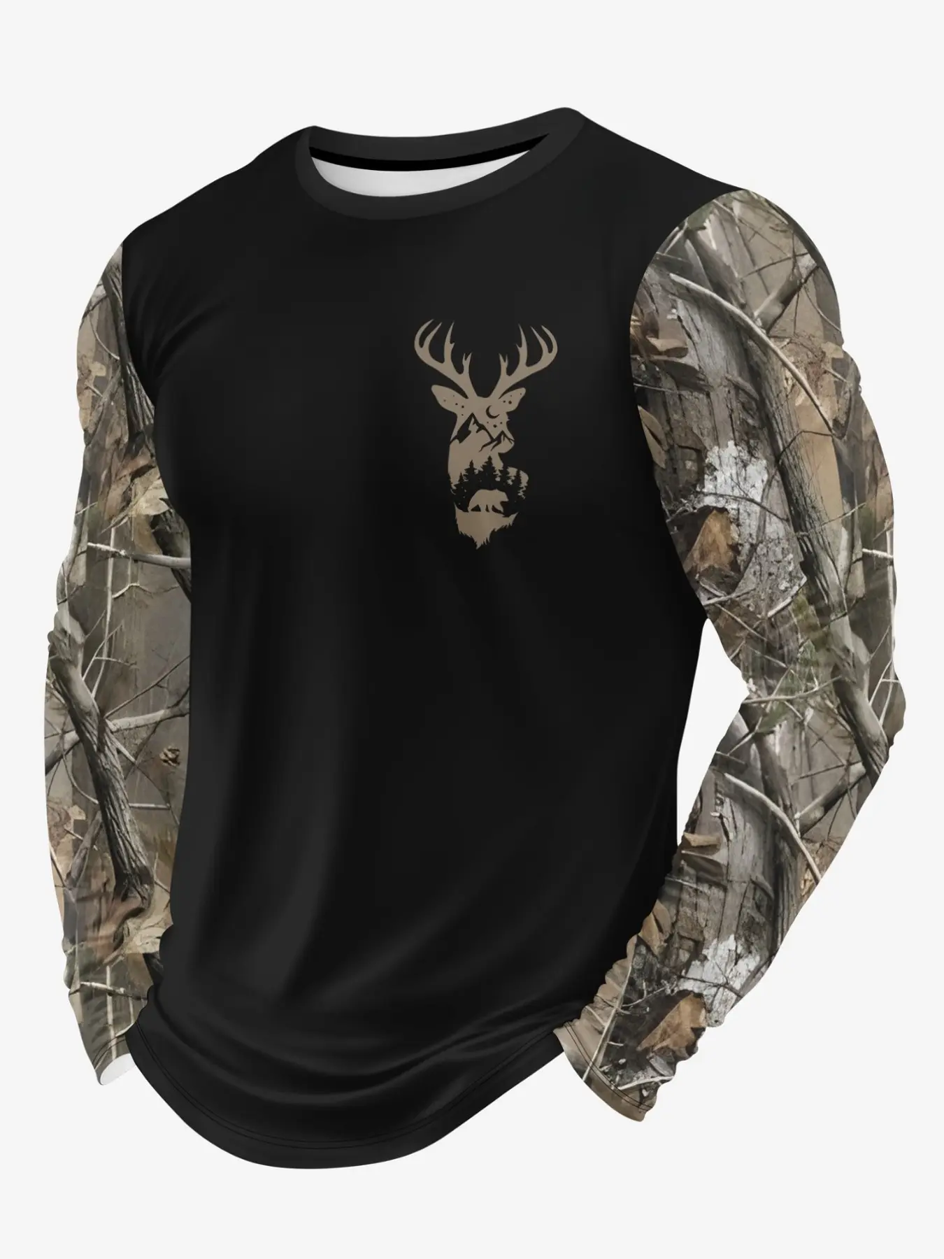 Men's Hunting Style Long Sleeve T-Shirt, Body with Deer Head Print, Camouflage Patch Sleeves, Casual Fitted Tee for Spring & Fall