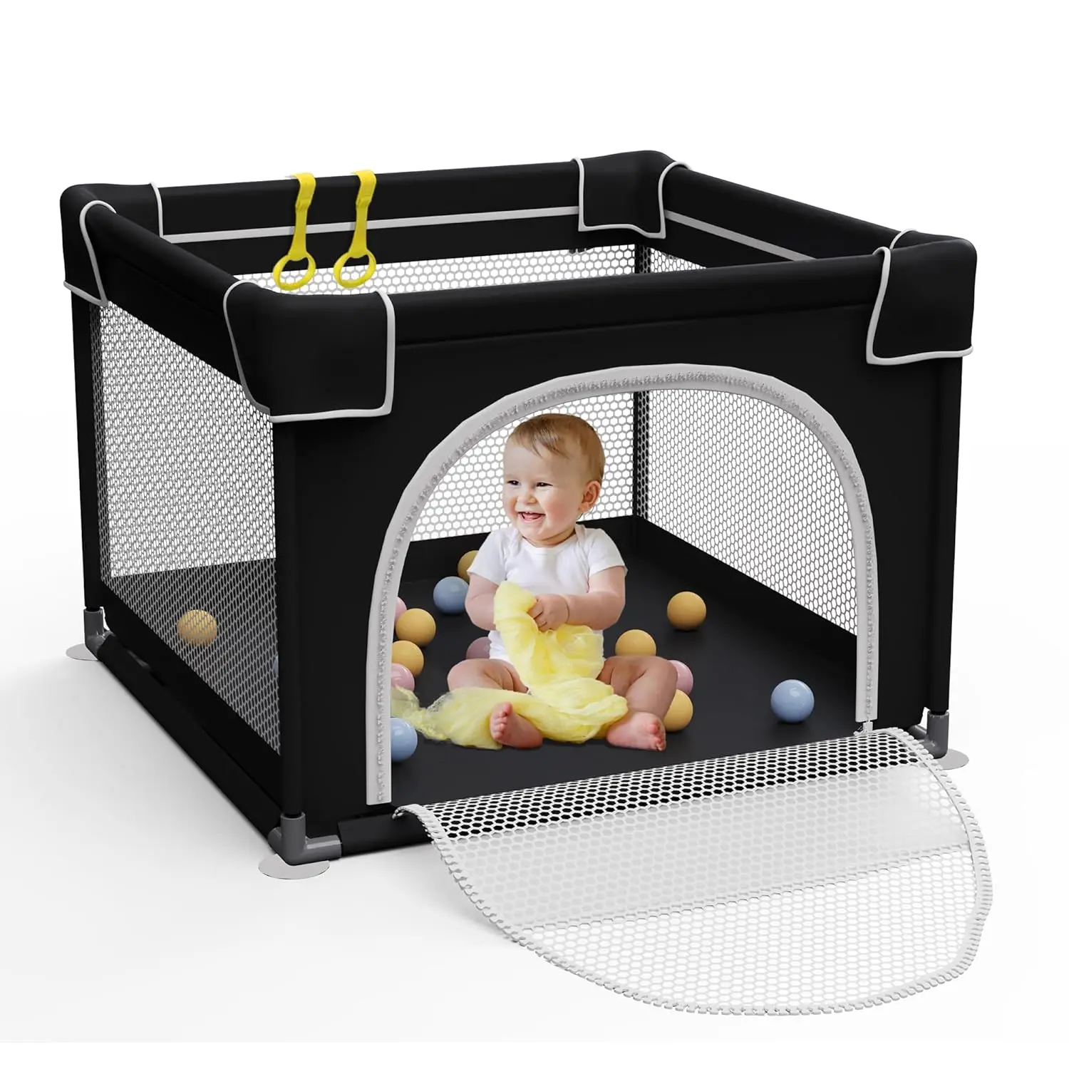 Playpen  Babies and Toddlers, Small Baby Playpen, Playard with Bag, Indoor & Outdoor Play Pen, Sturdy Safety Baby Play Yard with Soft Breathable Mesh(Black, 36x36 inches)