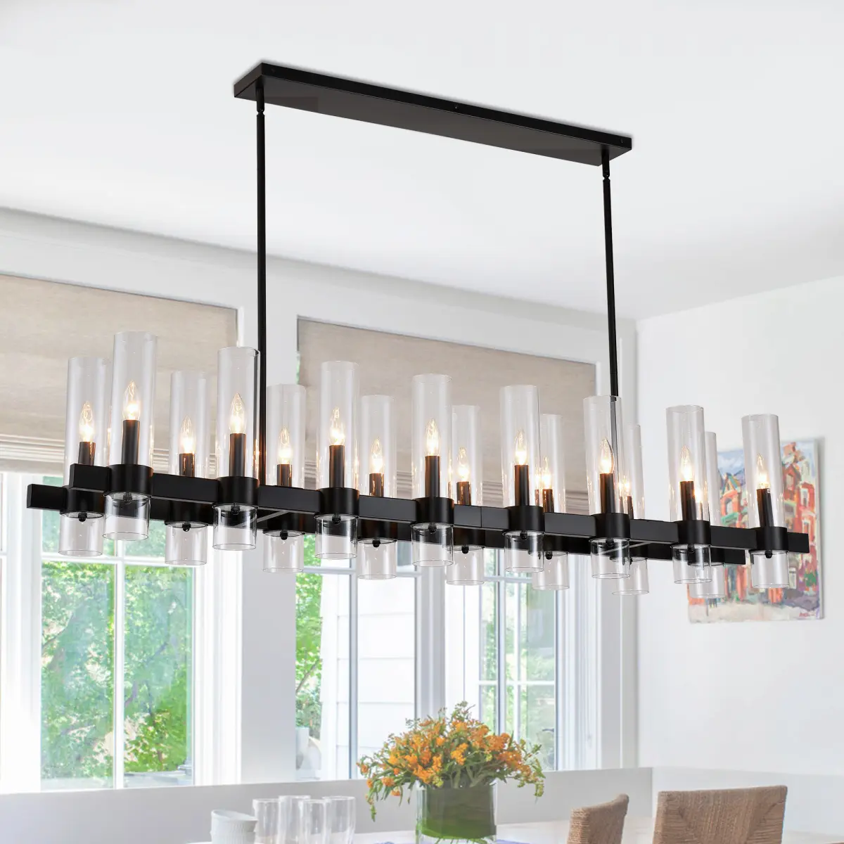 63 Inch Black Chandelier Linear with Clear Glass Shade, 16-Lights Modern Farmhouse Ceiling Pendant Hanging Light Fixture Over Table, for Dining Room, Kitchen Island--NO INCLUDED BULBS