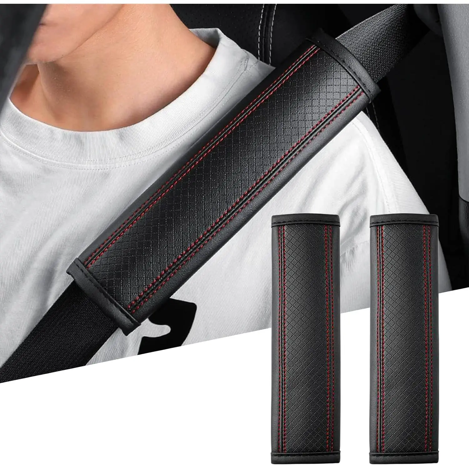 2 count  Seat Belt Covers, Breathable Leather Auto Seatbelt Protector for Comfortable Driving, Soft  Strap Cushion Pad for Sedans SUVs ,  Accessories (Black & Red)