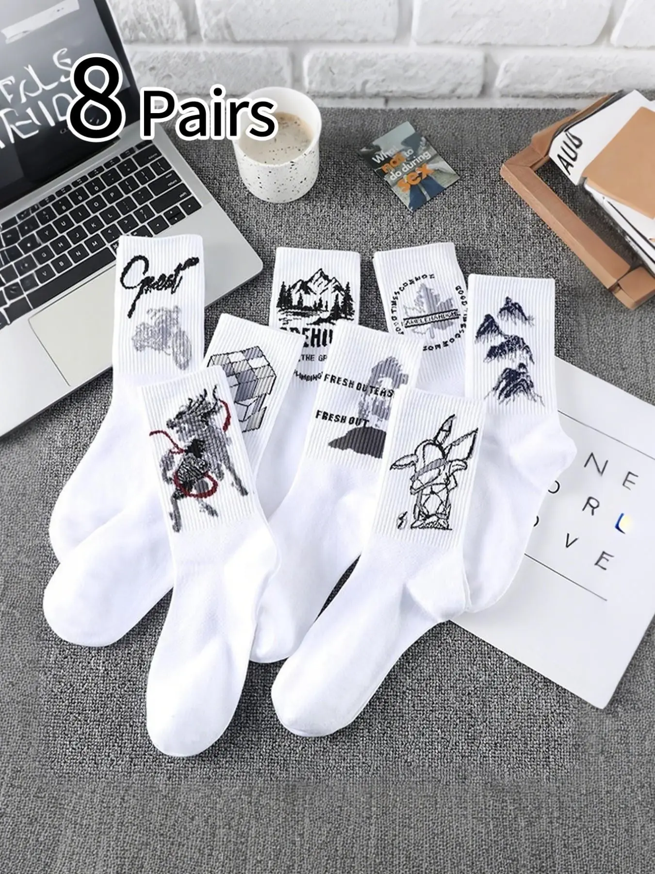 8 Pairs Men's Crew Socks, Sporty Style, Plain Surface, All Seasons, Cyberpunk Long Socks, Fashionable Casual, Pair with Athletic Shoes