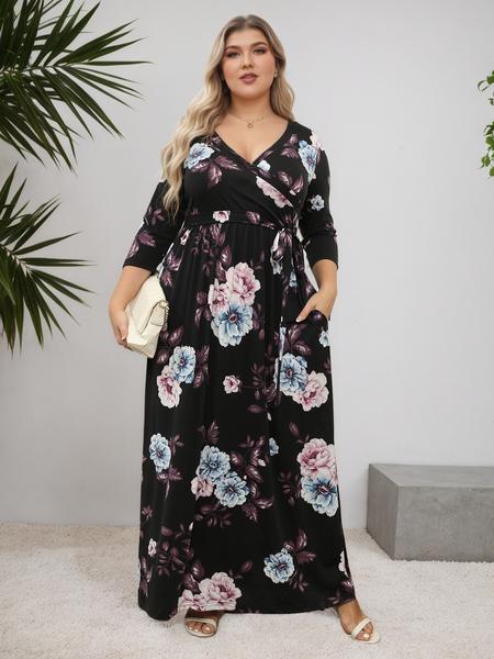 Women's V Neck Stretchy Casual Long Plus Size Dress, Perfect for Bridesmaids, Vintage Style Wedding & Party Wear, Comfortable All-Day Fabric