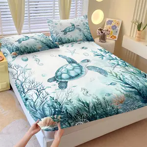 3-Piece Ocean Sea Turtle Fitted Sheet Set,1 Fitted Sheet+2 Pillowcases,Soft Cozy Fabric,All Season HD Printed,Deep Pocket Non Slip Mattress Cover,Underwater Coral Marine Bedding,Ideal for Coastal Bedroom Decor & Holiday Gift