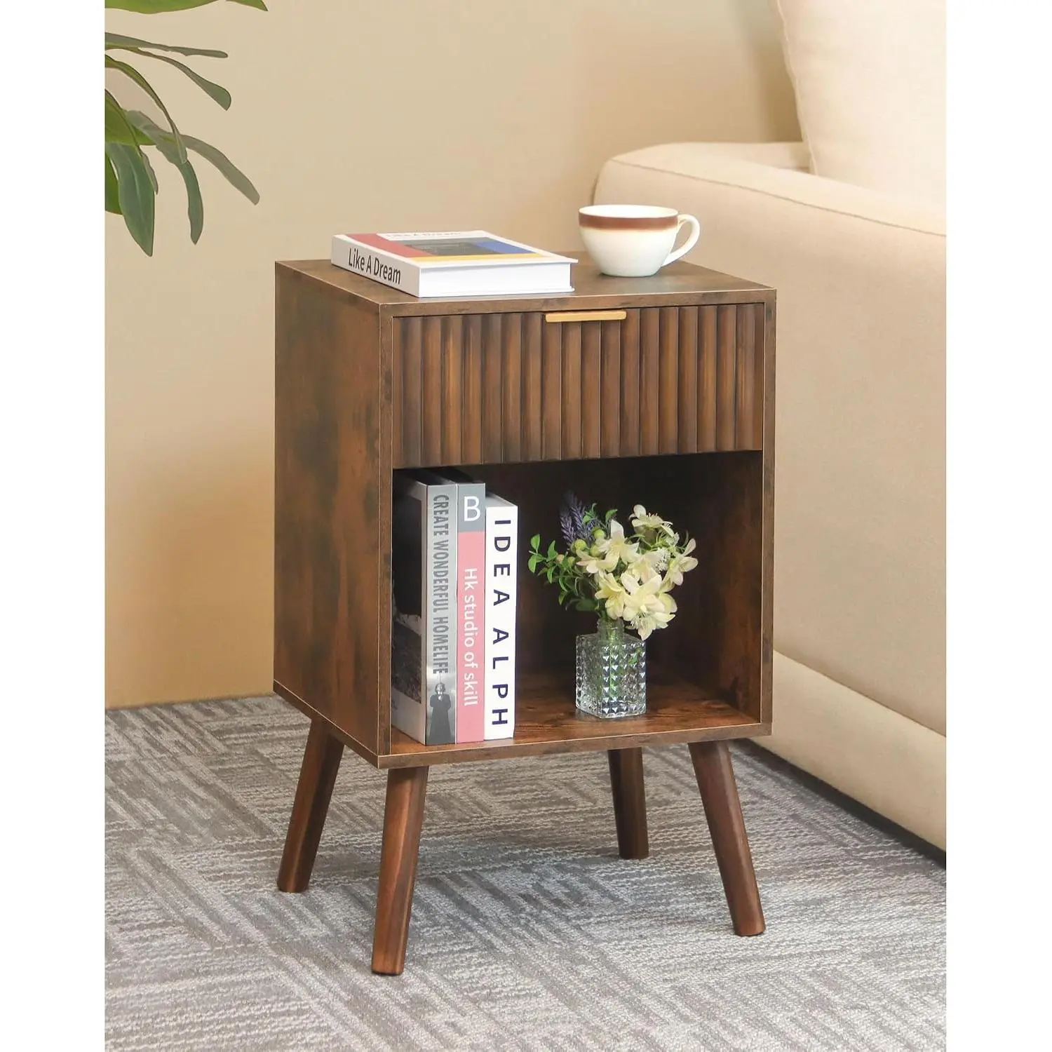 Mid Century Modern Nightstand,  Bedside Table with Drawer and Open Storage, End Table Living Room Fluted Night Stand with Solid   for Bedroom (Rustic Brown)
