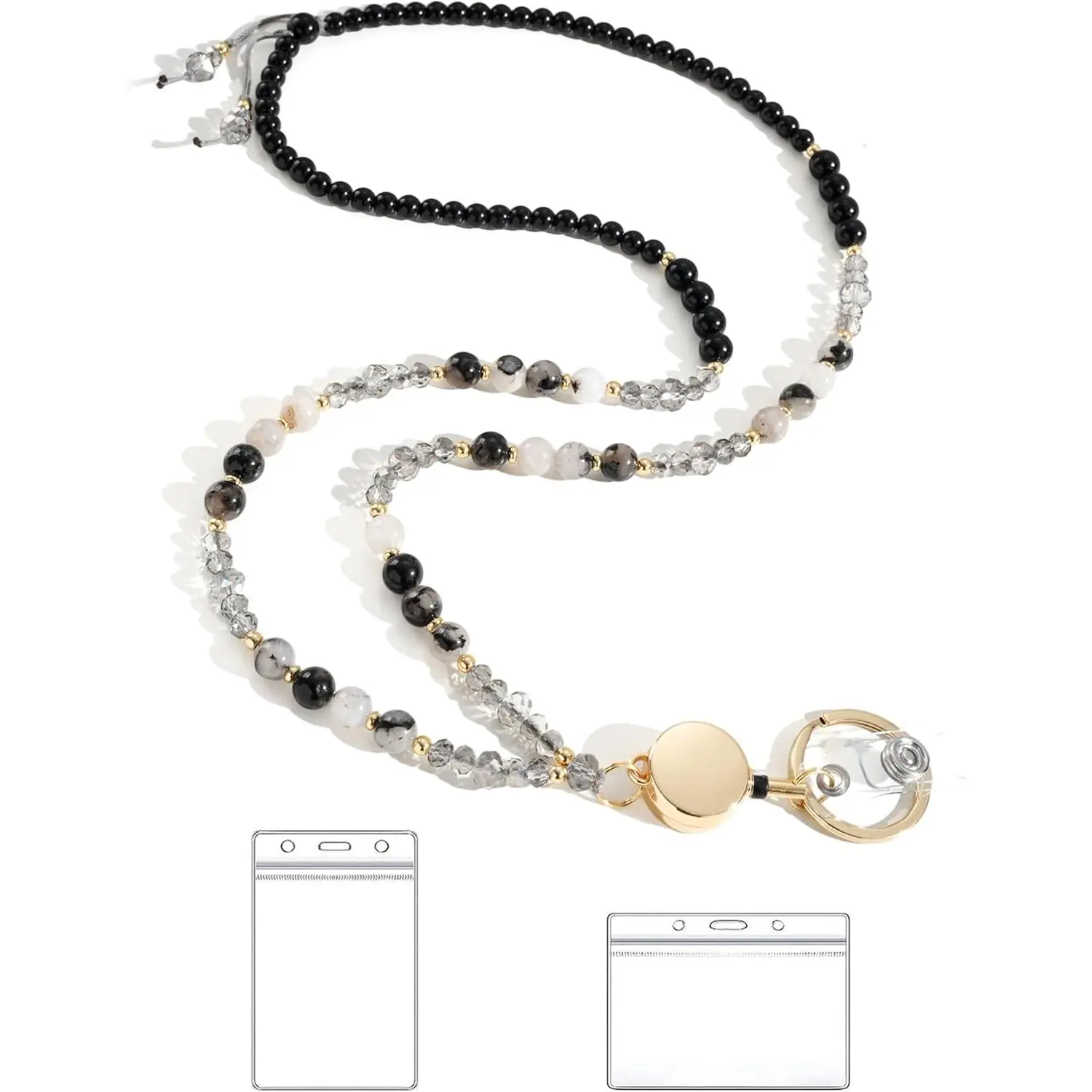 Lanyards for ID Badges and Keys,Natural Stone Beaded Teacher Lanyard for Women,Retractable Lanyard with ID Holder Cute Lanyards
