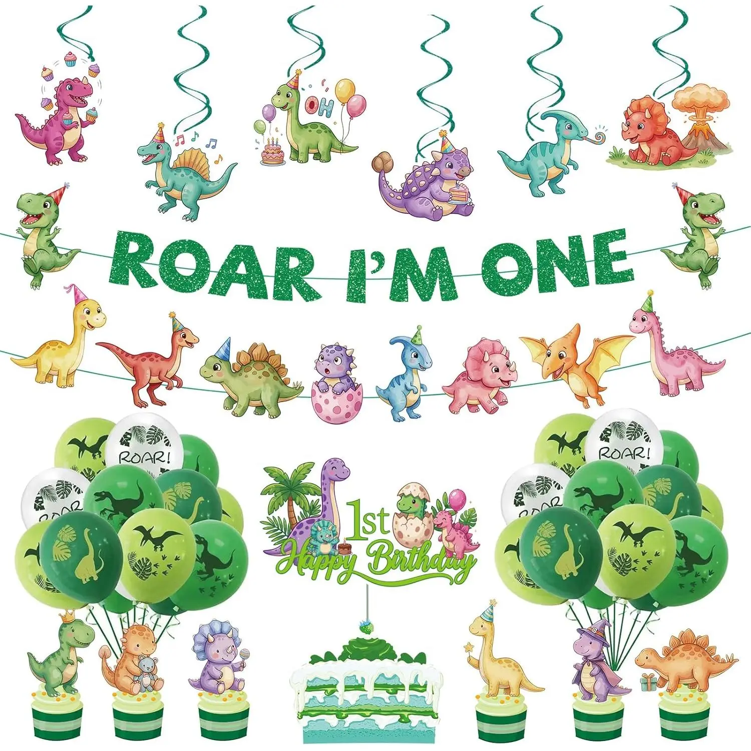Dinosaur 1st Birthday Party Decorations, Roar I'm One Birthday Banner, Balloons Hanging Swirls and Cake Toppers, Jurassic Themed First Birthday Party Supplies for Baby Boys Birthday Decor