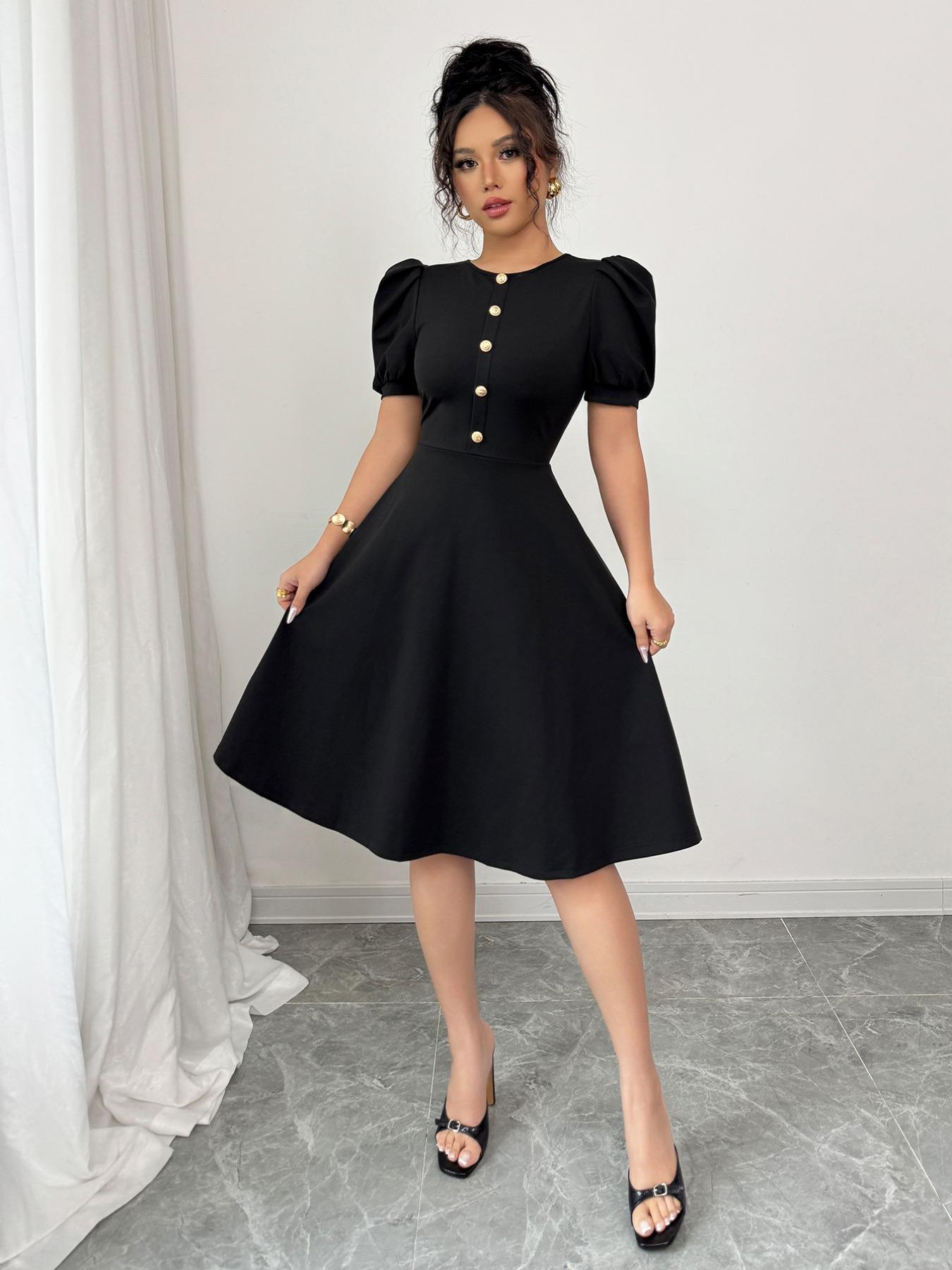 Women's Plain Button Decor Elegant Dress, Elegant Fashion Casual Dress for Daily Outdoor Wear, Women Dress for Summer, Womenswear