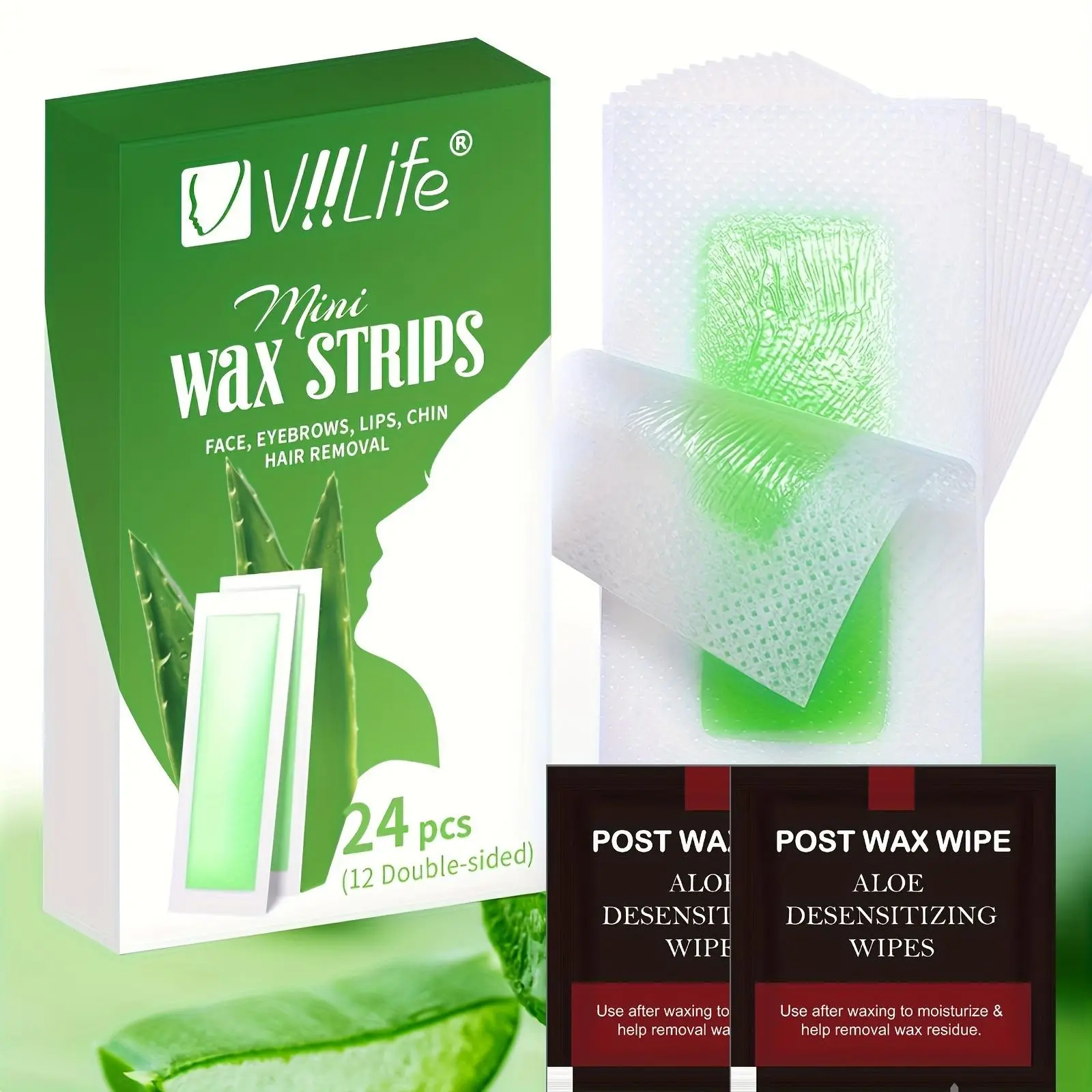Facial Eyebrow Aloe Vera Soothing Gentle Wax Strips, Hair Removal Product for Hair Removal at Home, 24 48 or 72pcs with Calming Wipes for Upper Lip and Chin, Women's Waxing Kit