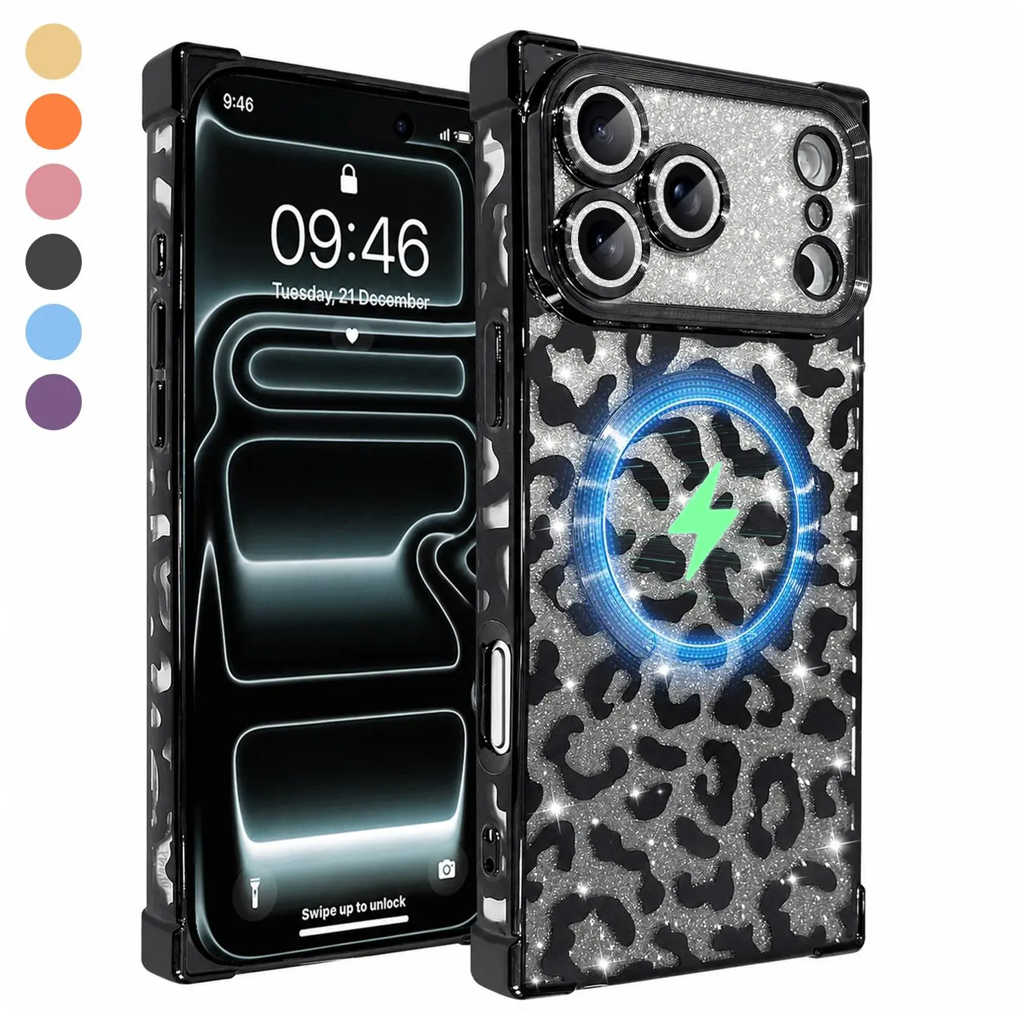 OREKROY Sparkly Leopard Print MagSafe Case for iPhone 18 Pro Max 17 16 15 14 13 Pro Max Plus 17 Air, Glitter Bling Square Frame Phone Cover, Shockproof Drop Protection, Anti-Fingerprint Case for Women