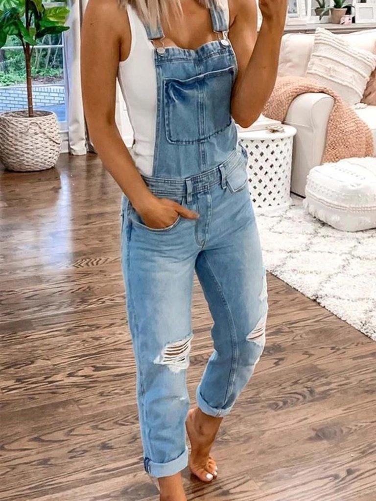 Women's Ripped  Bib Overalls Adjustable Straps Pockets Jean Rompers Casual Distressed Jeans Fit Jumpsuits   Style Sports Double Shoulder Strap Ripped  Jumpsuit Women's Casual Wear Dungarees Comfort rompers women romper Womenswear Basic