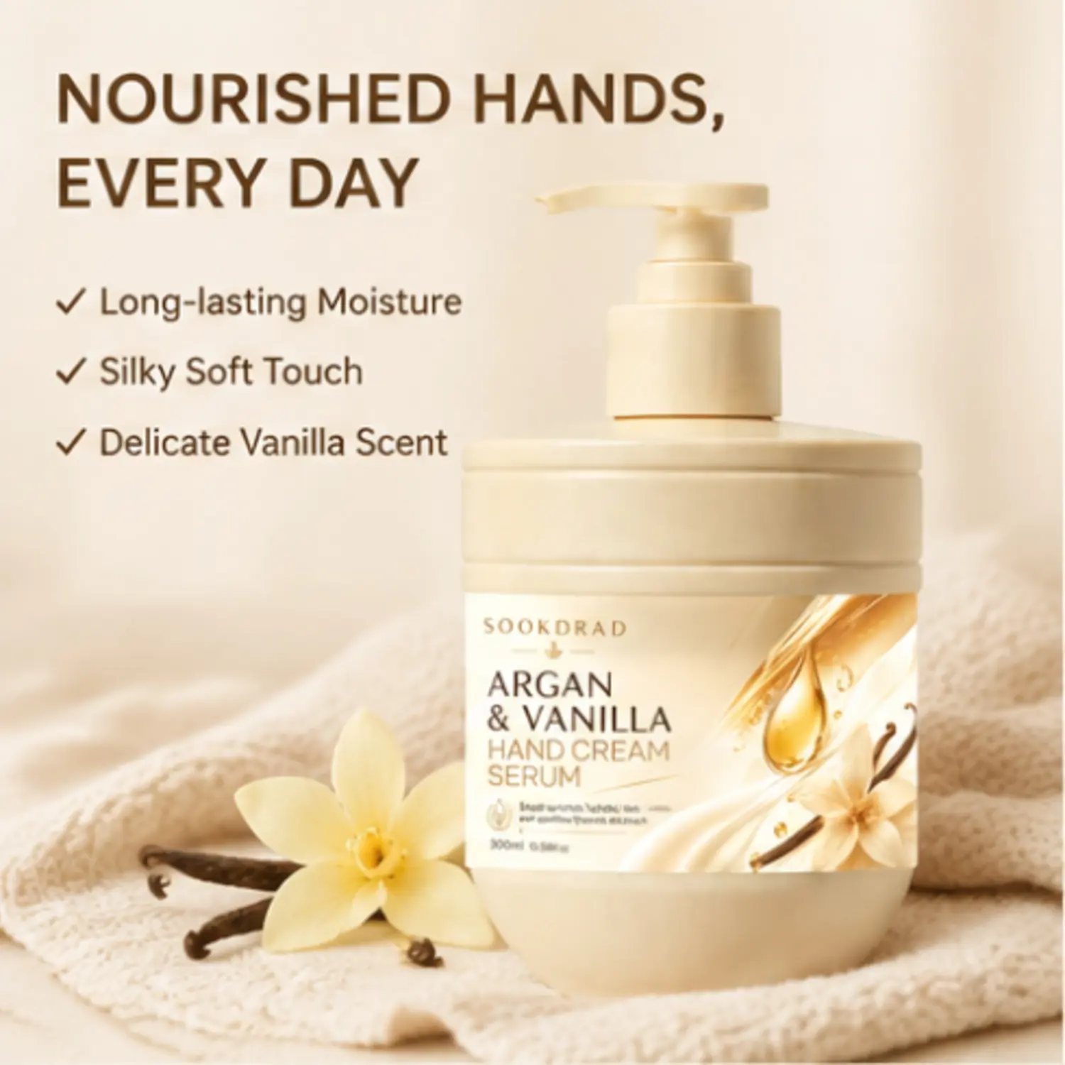 Argan Vanilla Hand Cream Serum, nourishing, hydrating, comforting, for hands and nails, 10.58fl.oz, for dry hands and nails, 300ml