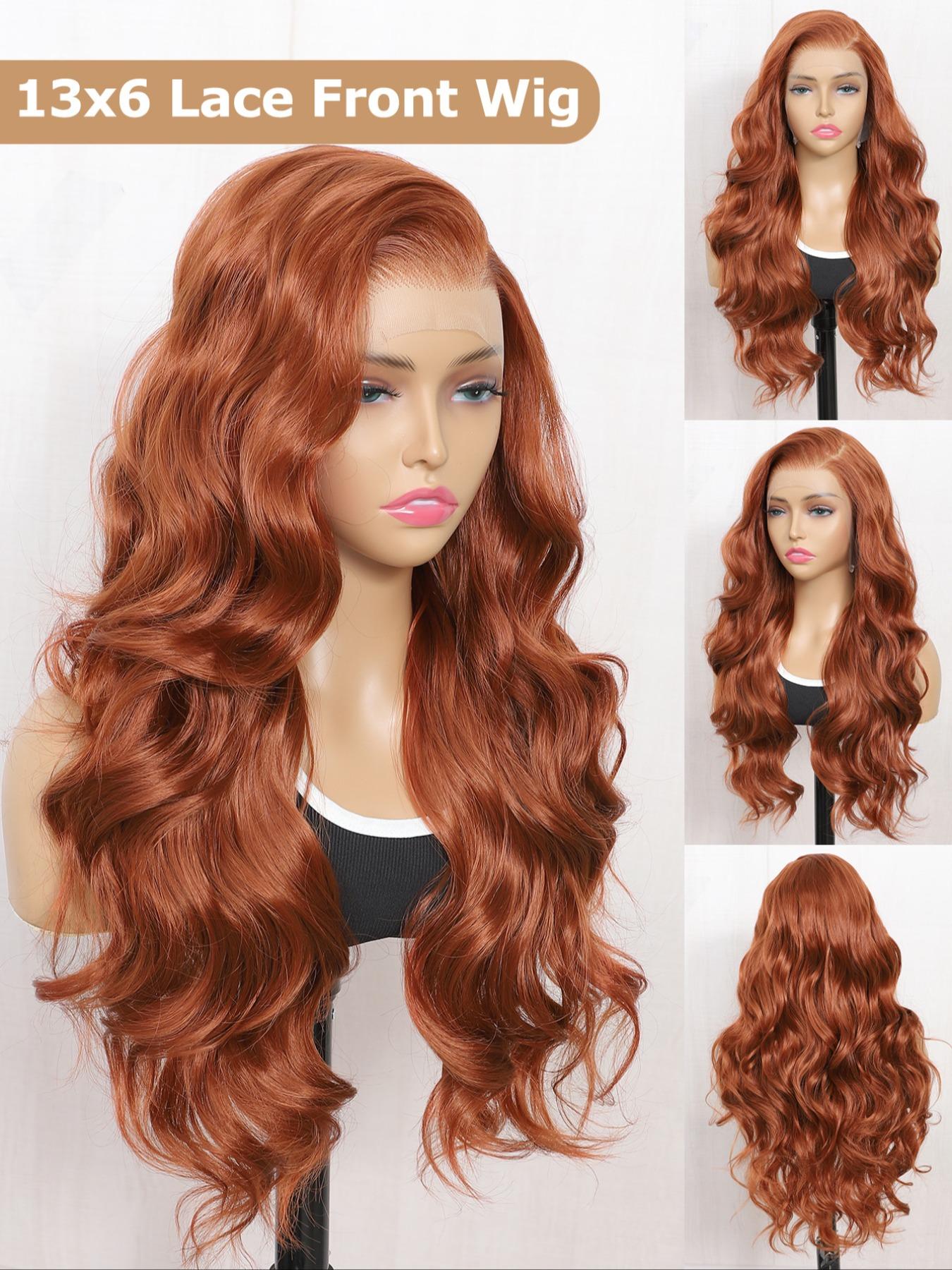 24 Inch Burgundy/Ginger Long Body Wavy Wigs for Women, Gorgeous Fluffy Natural Looking Wigs without Bangs, Synthetic Heat Resistant HD Lace Front Wigs for Party, Daily Use