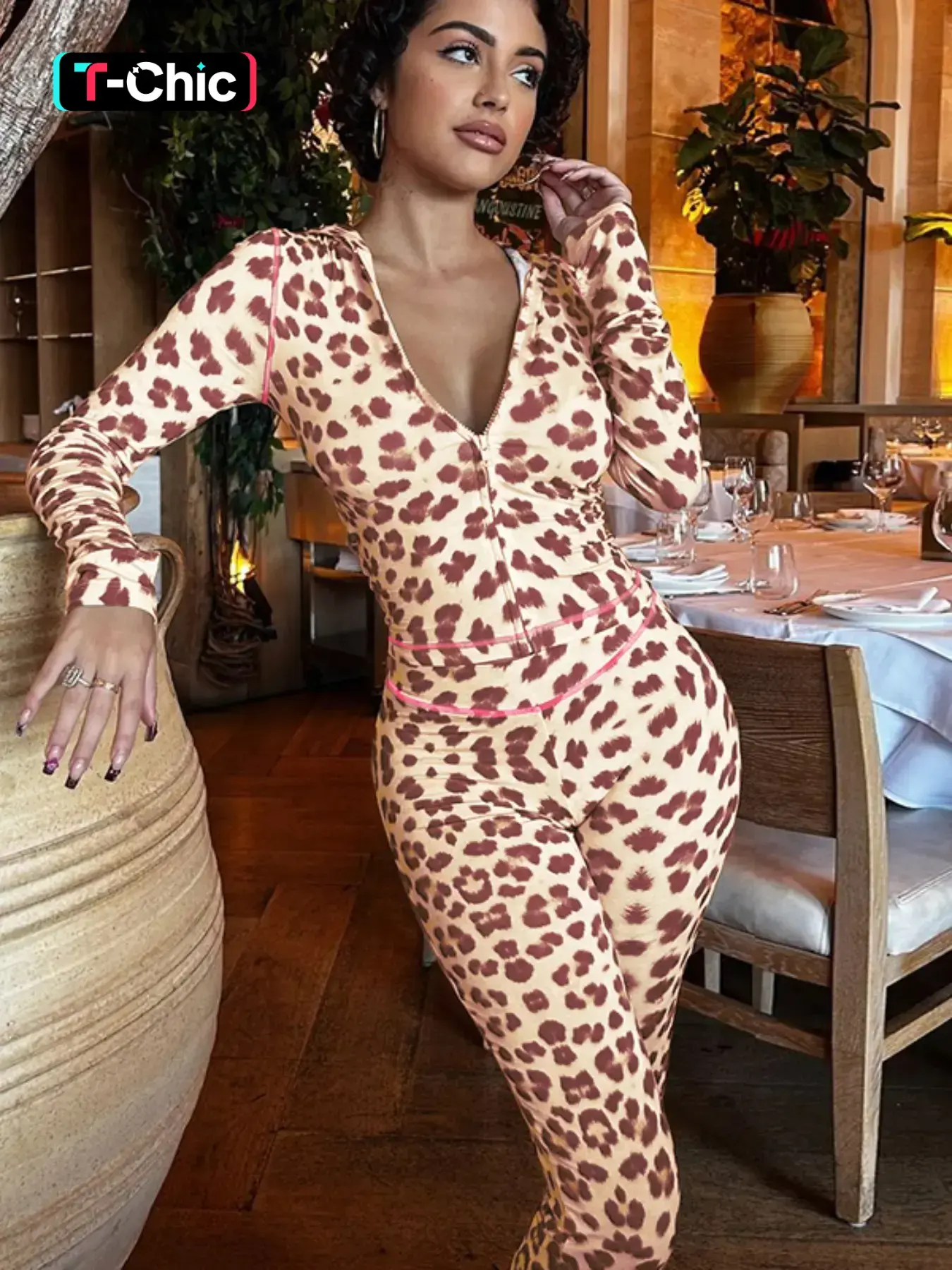 Women's Solid Color / Leopard Print Zip Up Fitted Crop Hoodie & Pants Two-piece Set Outfit, Two Pieces Sets, Casual Style Long Sleeve Hooded Top & Straight Leg Trousers for Fall & Winter, Women's Clothes for Daily Wear, Pants Sets