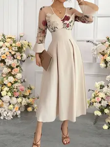 Elegant Long Sleeve Dress with Contrast Mesh Embroidery, Flared Sleeves Design, Perfect for Evening Wear & Special Occasions