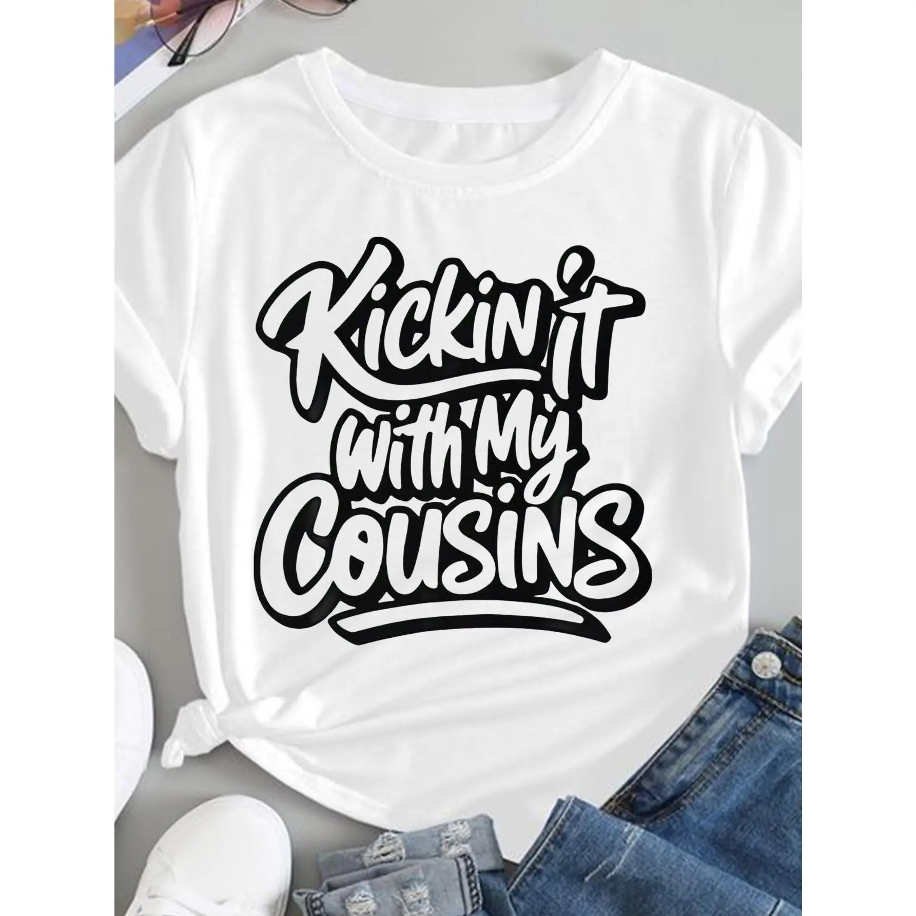 Funny Cousins Matching T Shirts Kickin' It with My Cousins Slogan Black Artistic Sun & Moon Classic Retro Style Round Neck Ideal for Casual Sportswear