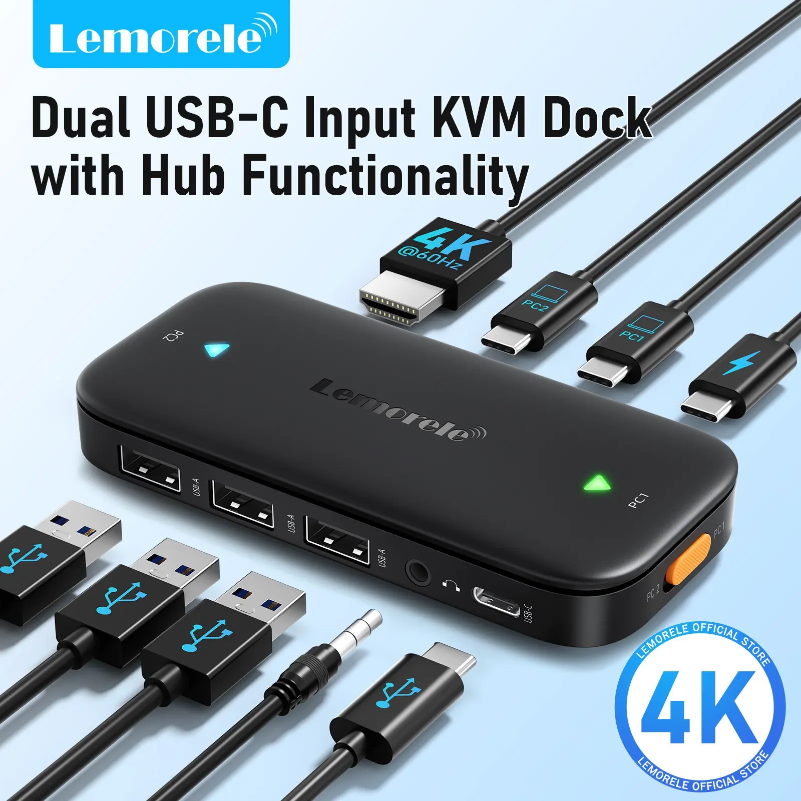 Lemorele USB-C KVM Switch, Hub Functionality, Dual Type-C Input, HDMI 2.0 Output, 4K 60Hz, 100W PD Charging, 2 Computers Share Keyboard Mouse Monitor USB Drive, One-Click Switch, Plug and Play, Office and Gaming, Compatible with Laptop MacBook Mac mini