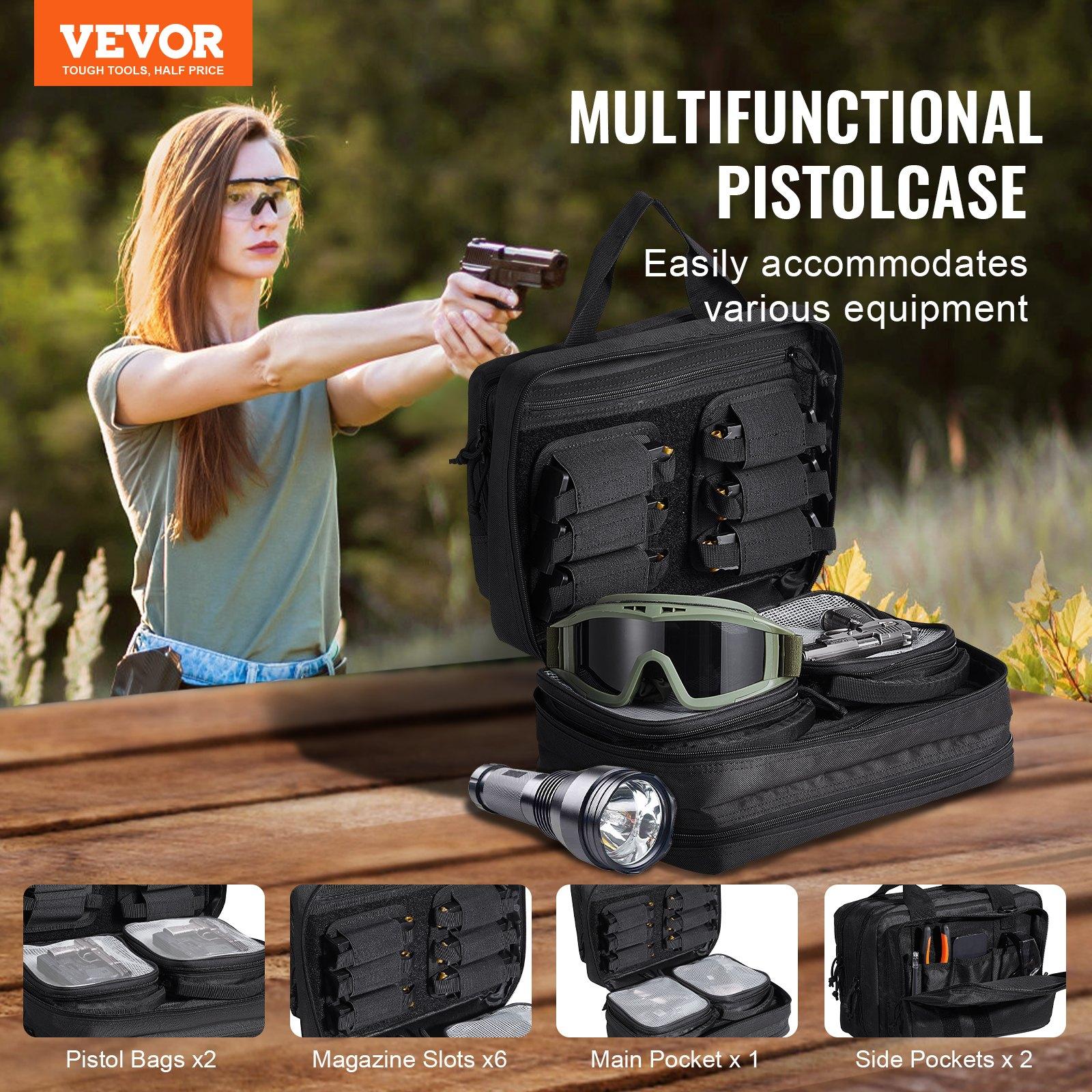 VEVOR Range Bag for 2 Pistols, Tactical Gun Bag with 2 Built-in Removable Pistol Bags & 6 Detachable Magazines, Gun Range Bag for Outdoor Hunting Shooting, Lockable Carrying Handgun Bag Case, Black