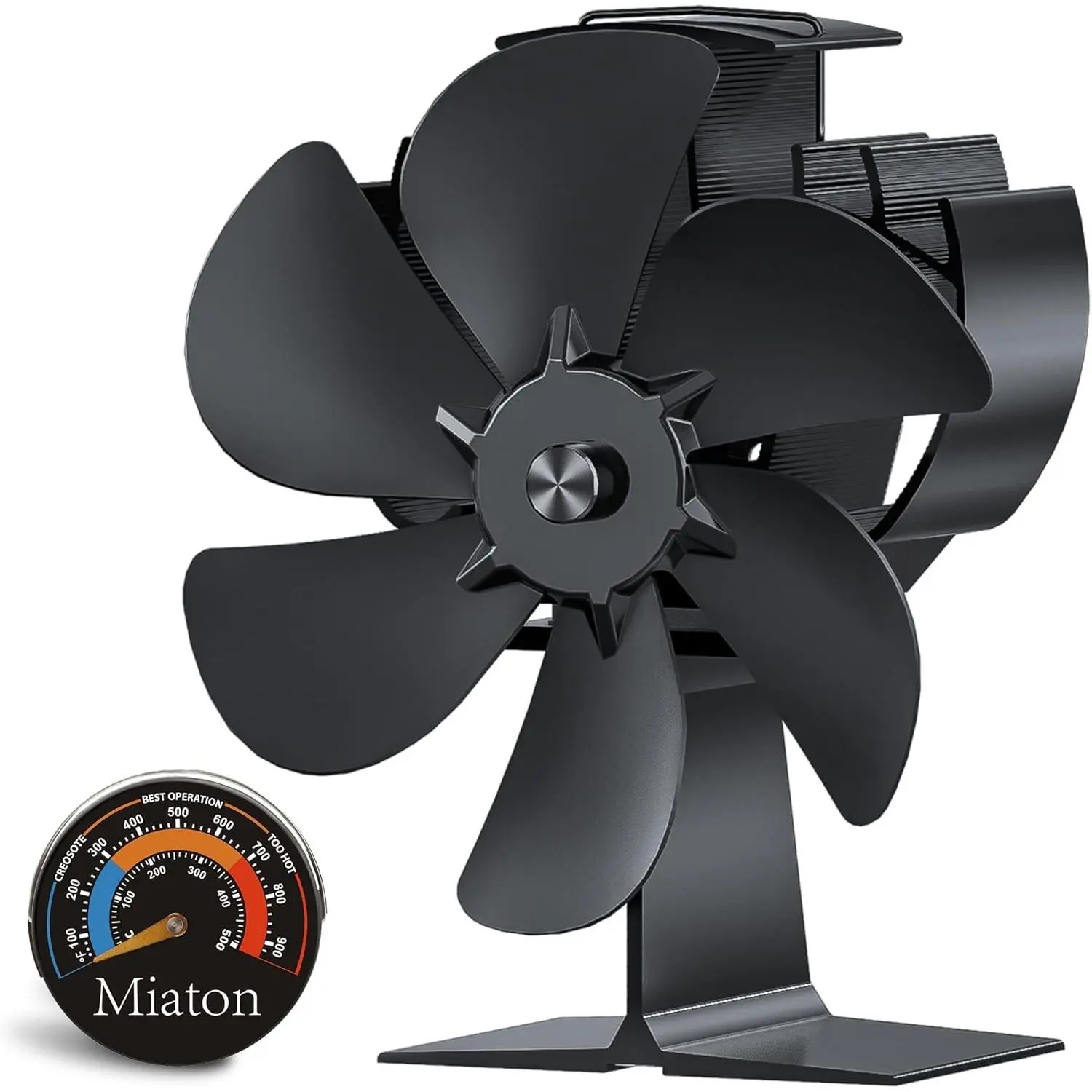 Heat-Powered Wood Stove Fan, Heat-Activated Fireplace Fan with Thermometer for Fireplace Use