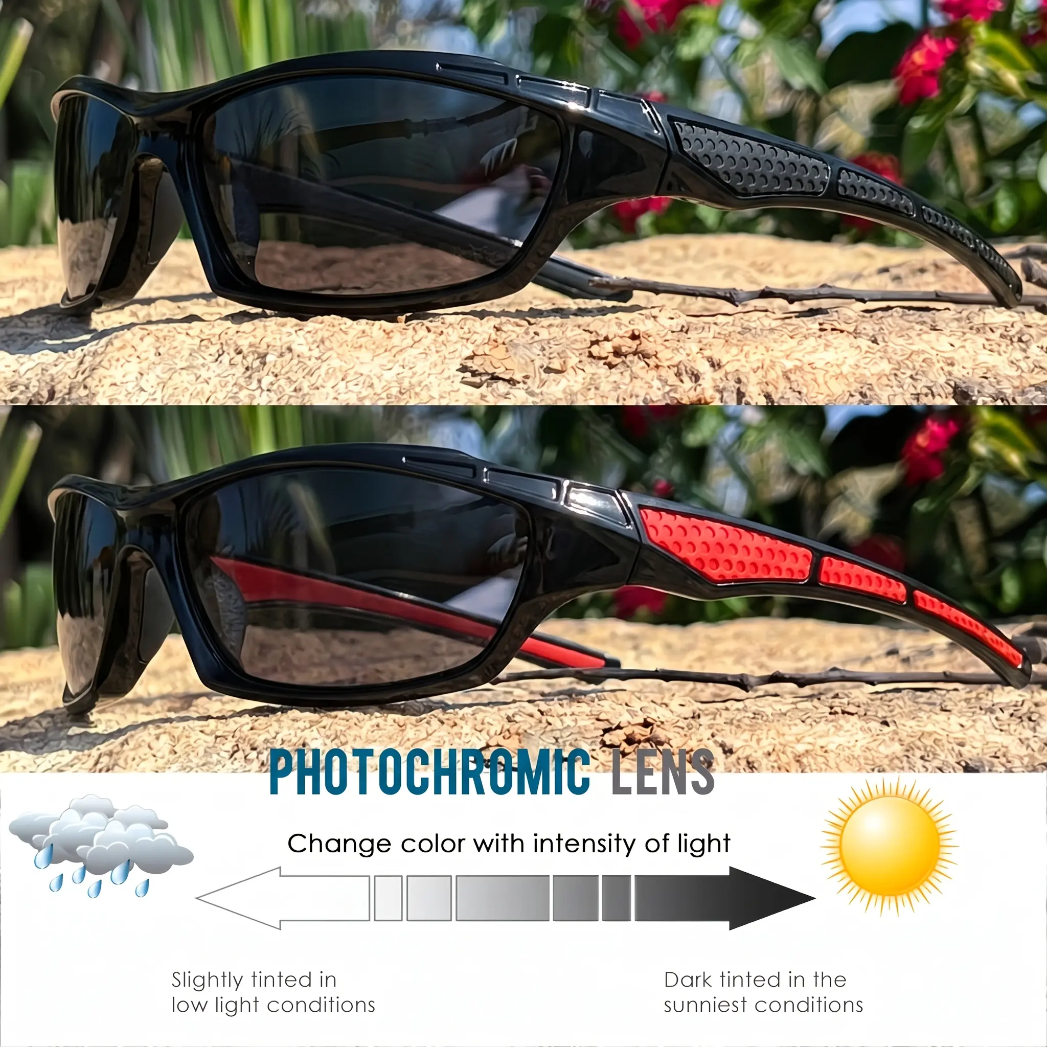 Men's 2-Piece Polycarbonate Wrap-Around Sunglasses, Photochromic Polarized Lenses, Anti-Glare for Cycling/Fishing Sports, Day and Night Use